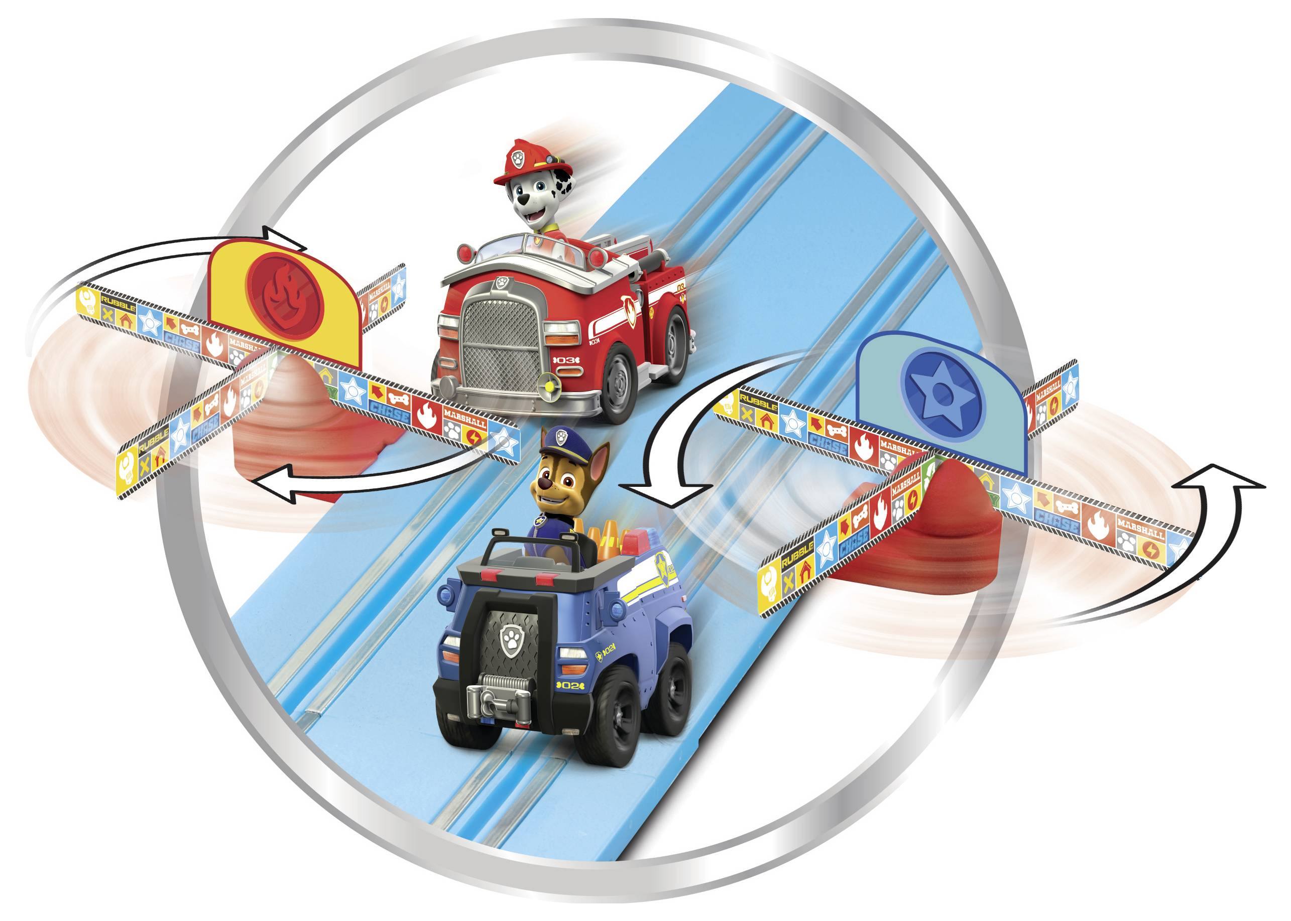 Die Fahrzeuge von 'Paw Patrol' rasen auf einer blauen Strecke mit sich drehenden Toren. Chase in einem Polizeiauto und Marshall in einem Feuerwehrauto werden in Bewegung gezeigt.