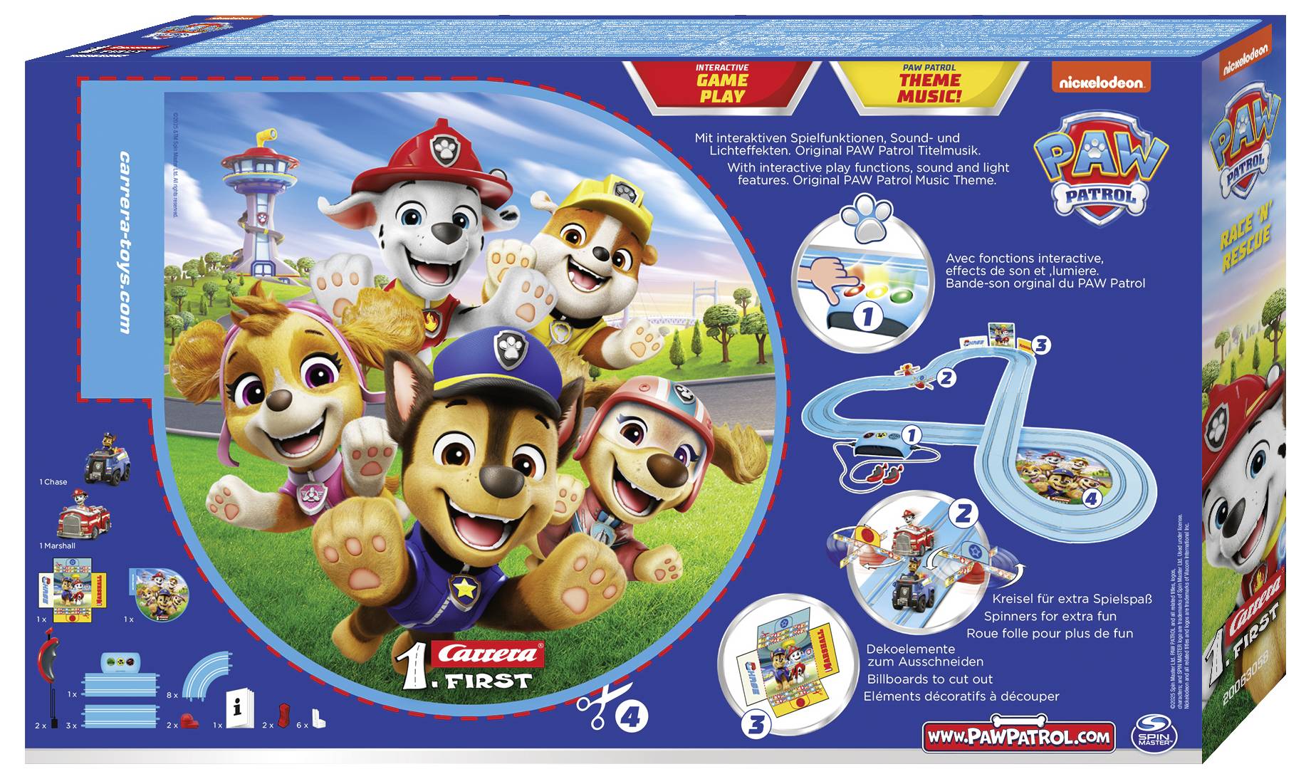 Rennbahn-Spielzeug von 'PAW Patrol' mit Karton-Verpackung. Zeigt Zeichentrickfiguren, Aufbauanleitung und bewirbt interaktive Funktionen mit Soundeffekten.