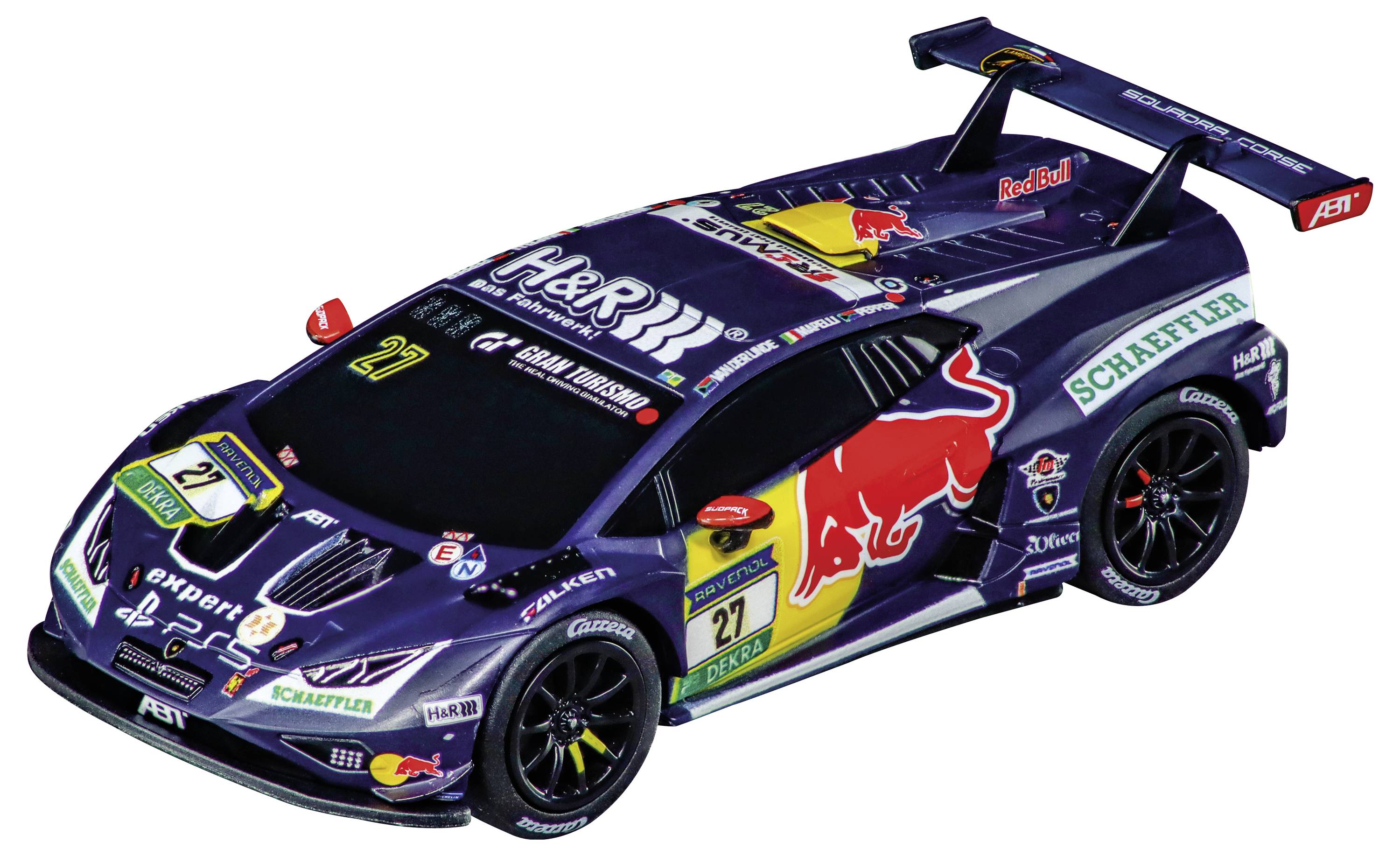 Ein Spielzeug-Rennwagenmodell, das mit bunten Sponsoren-Logos verziert ist, darunter ein prominentes Red Bull-Grafik auf einem schlanken blau-gelben Design.