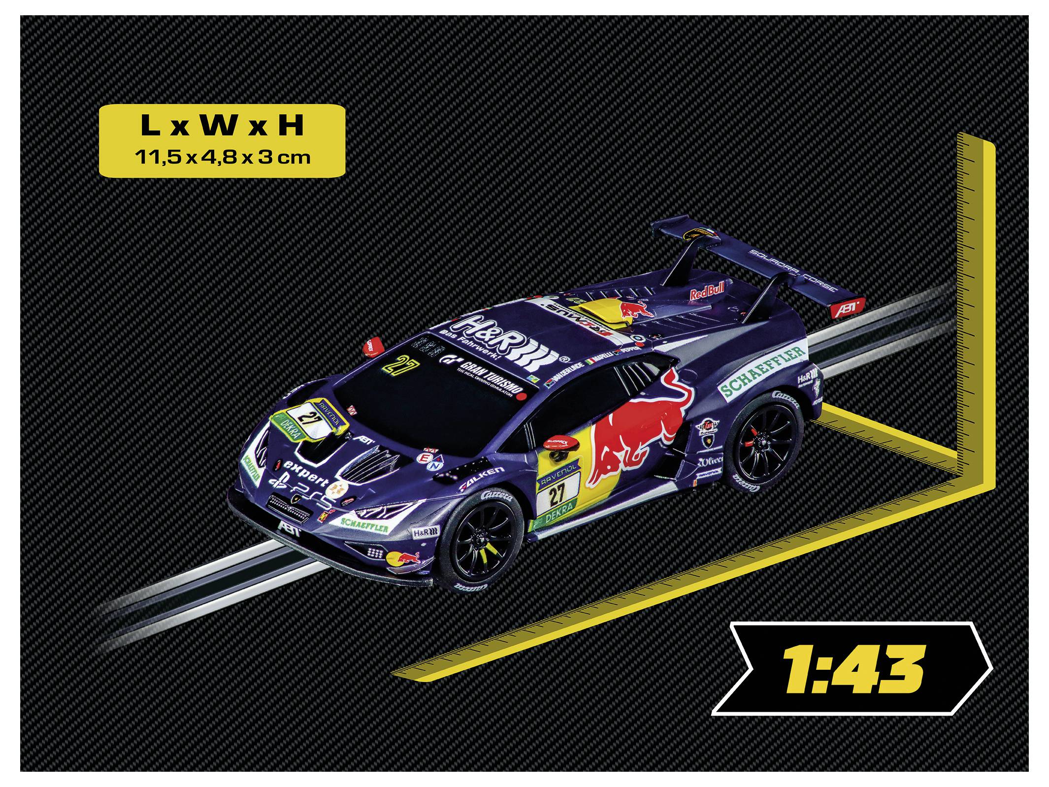 Eine dunkelblaue, mit Red Bull-Branding versehene Spielzeug-Rennwagen, der auf einer schwarzen Oberfläche präsentiert wird, mit einem gelben Lineal, das seinen Maßstab von 1:43 markiert.