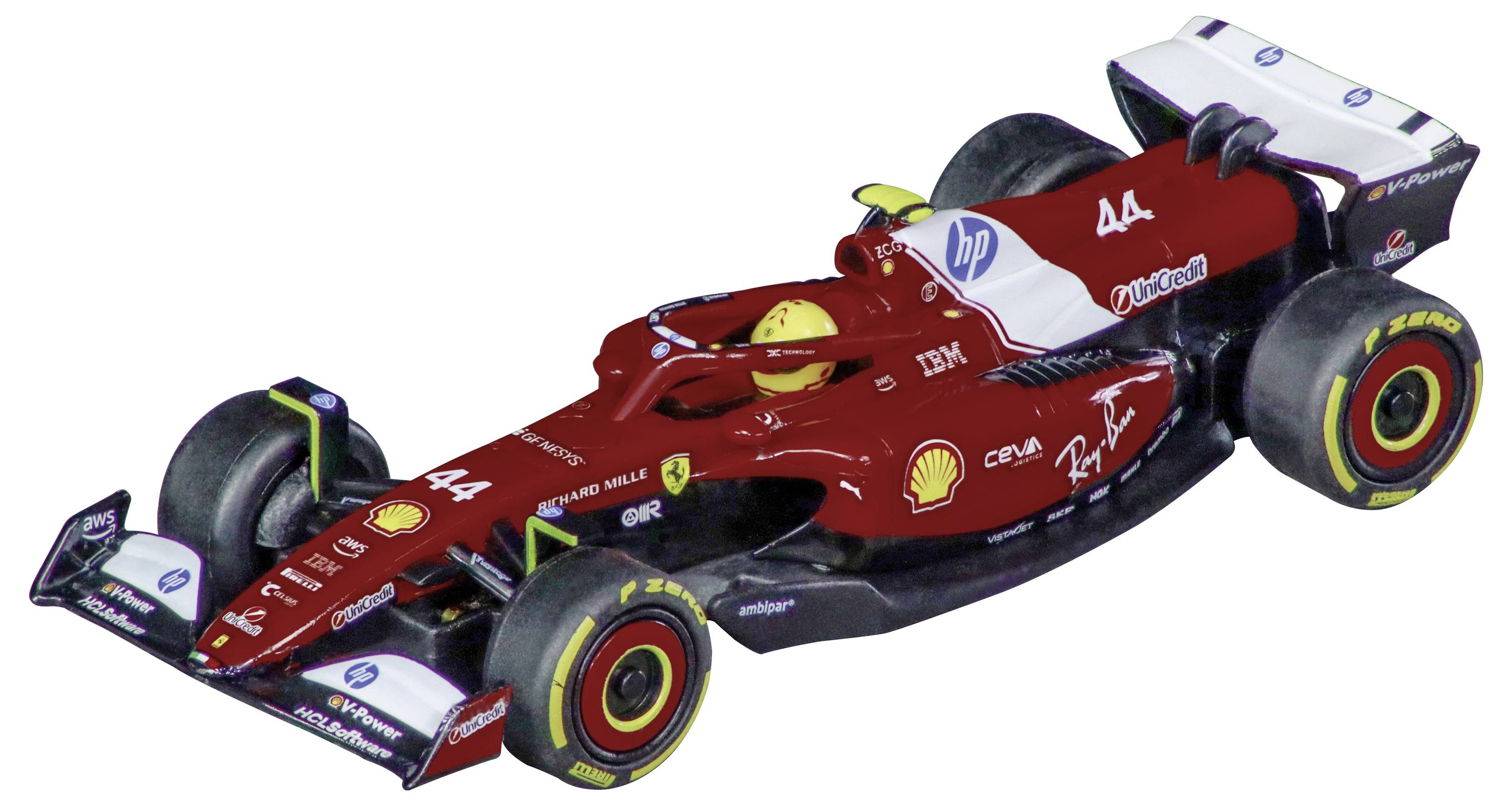 Ein roter Formel-1-Rennwagen mit Markenschildern auf weißem Hintergrund. Der Wagen trägt die Nummer '44' und zeigt verschiedene Sponsorenlogos.