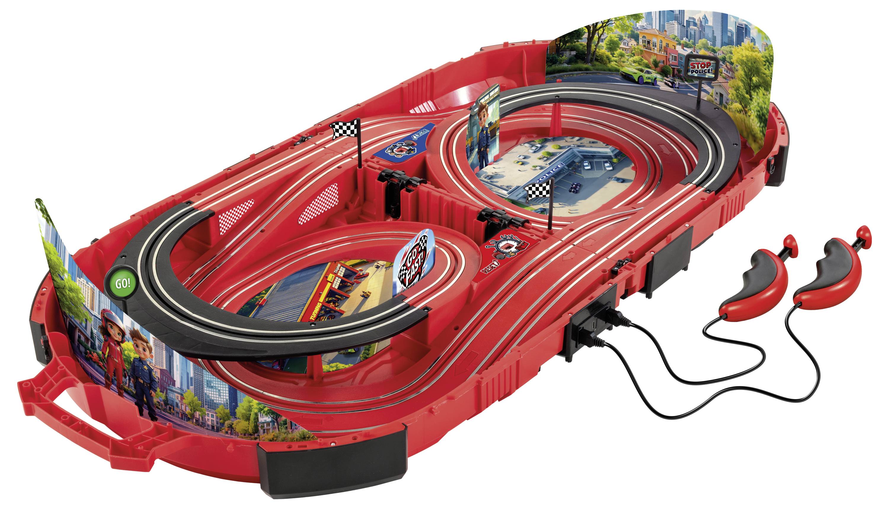 Eine rote Spielzeug-Autorennstrecke mit zwei Controllern, die mit Stadtmotiven verziert ist und mehrere Schleifen für Spielzeugautorennen aufweist.