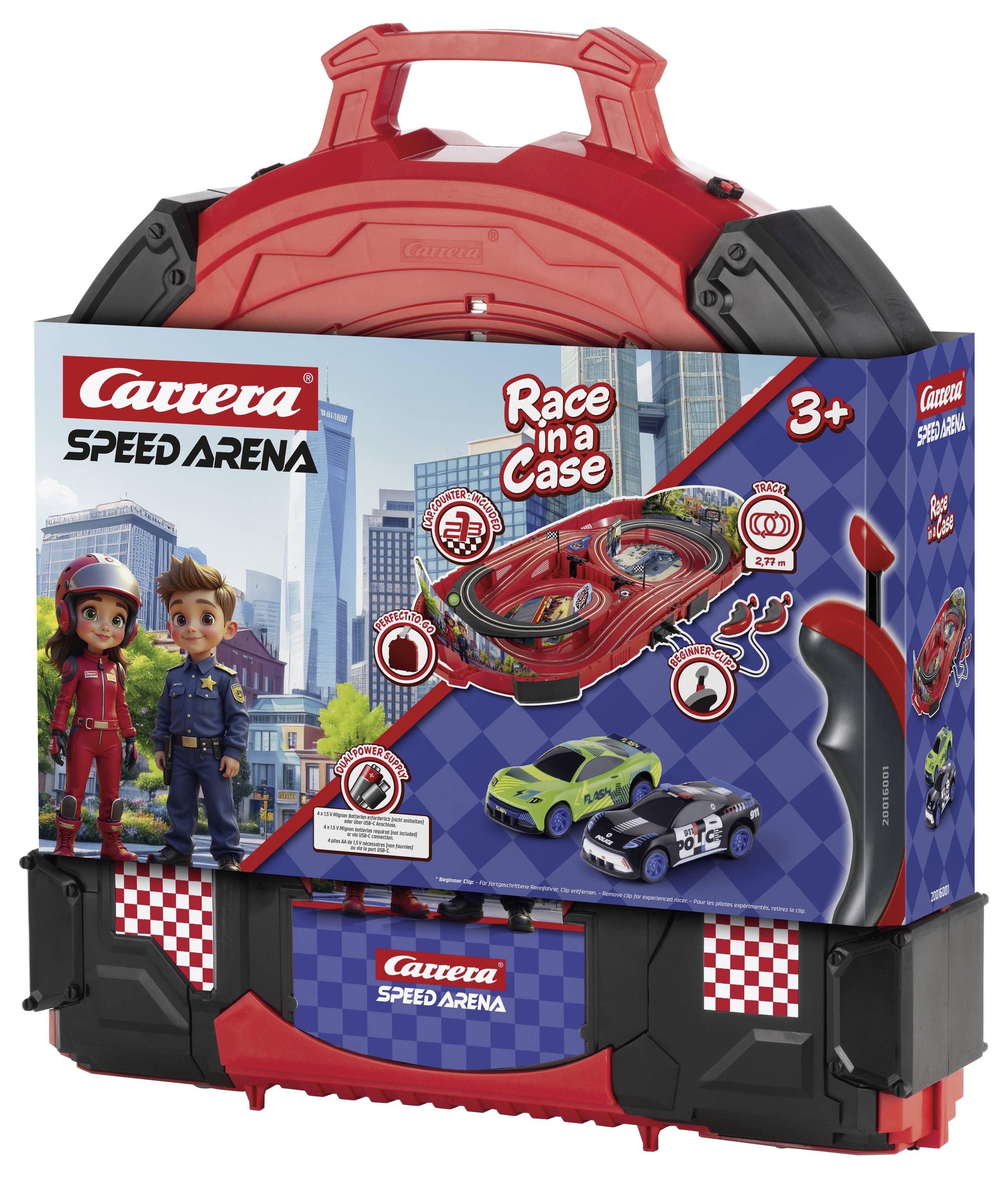 "Rennstrecke im Koffer" Spielzeugverpackung; enthält eine mobile Rennstrecken-Spielset. Beinhaltet Abbildungen von Autos, Strecke und verspielten Charakteren. Geeignet für Kinder ab 3 Jahren.