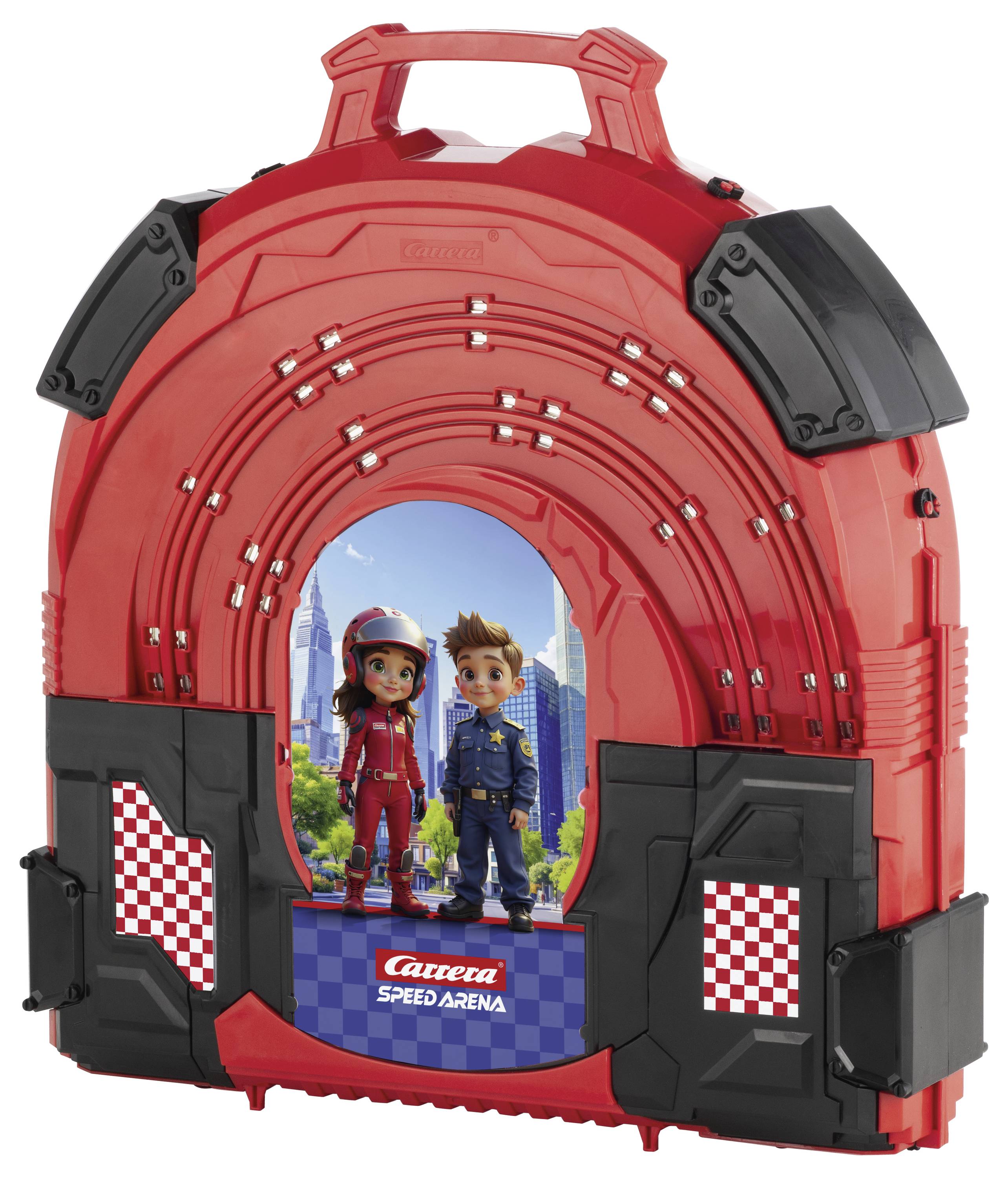Rote Carrera Speed Arena Spielzeugbahn im zusammengeklappten Transportkoffer mit zwei stehenden Comicfiguren auf der Vorderseite vor einer Stadtkulisse.