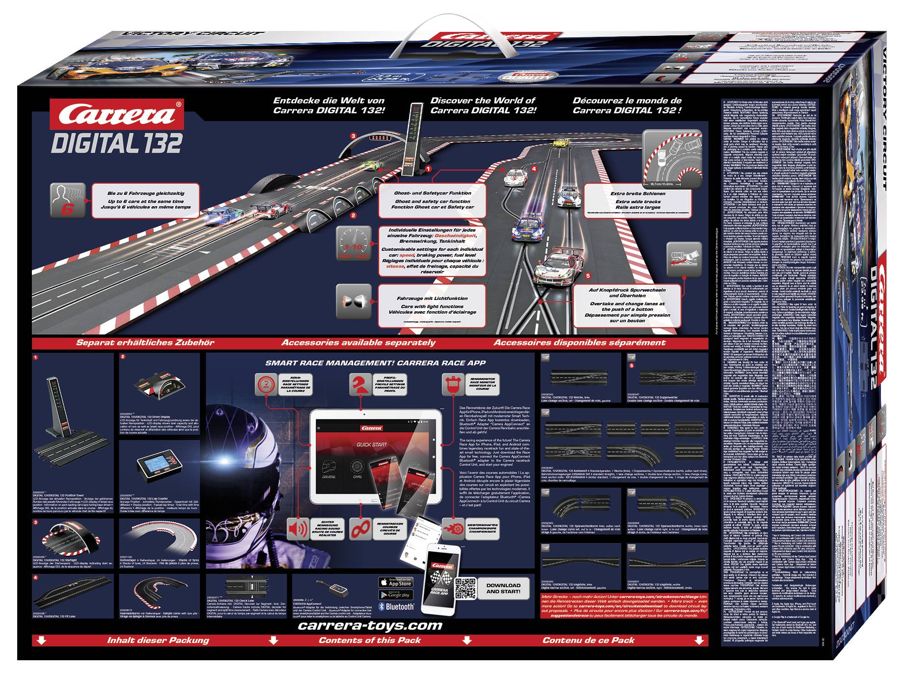 "Carrera Digital 132" Spielzeug-Autorennset-Karton zeigt Streckenlayout, Automodelle und Zubehör. Enthält App-Konnektivitätsfunktionen.