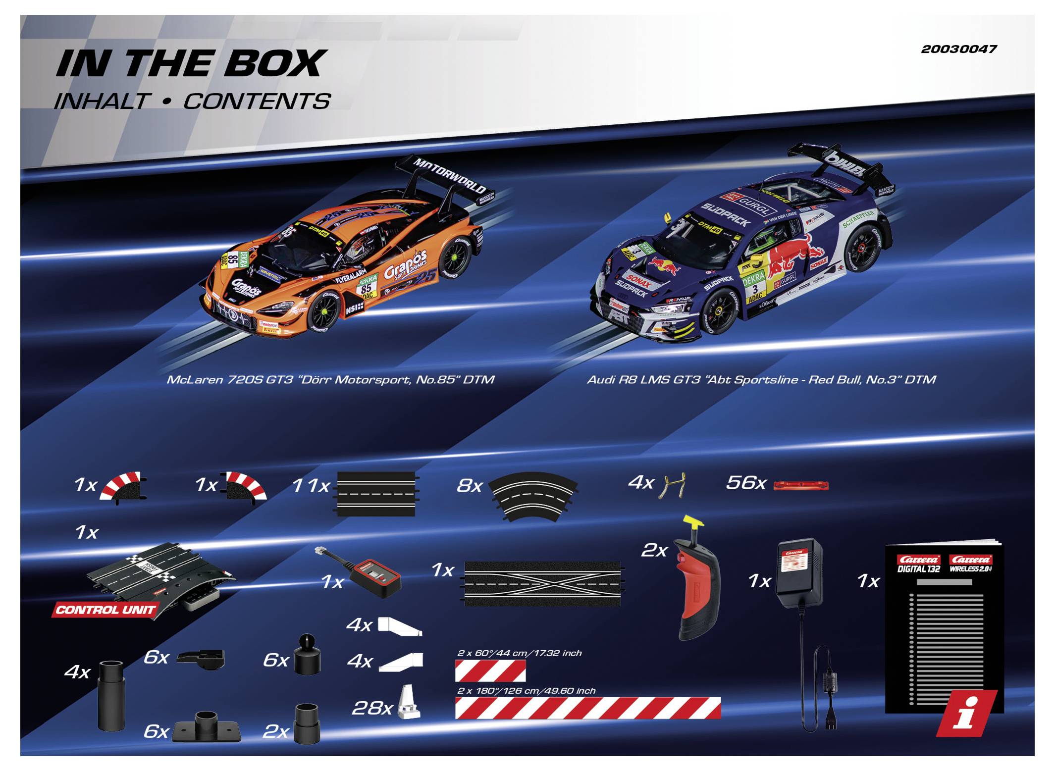 Inhalt der Box - Abbildung mit zwei Modell-Rennwagen und verschiedenen Streckenteilen. Enthält McLaren 720S und Audi R8 Fahrzeuge, mit beschrifteten Komponenten und Mengenangaben zum Aufbau einer Rennstrecke.