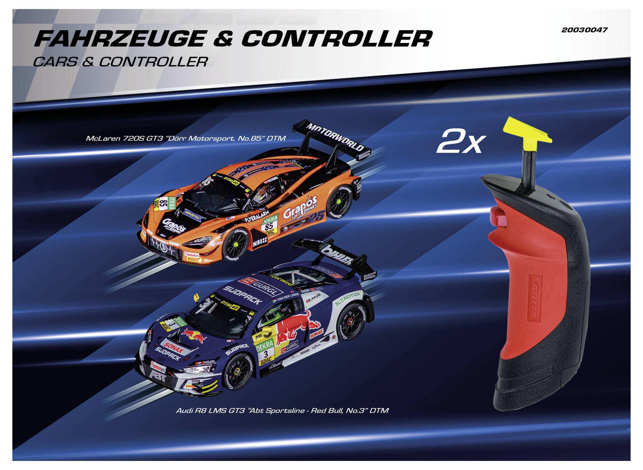 "Fahrzeuge & Controller" Verpackungsbild mit zwei Rennwagen (,McLaren 720S GT3' und ,Audi R8 LMS GT3') und einem Controller.