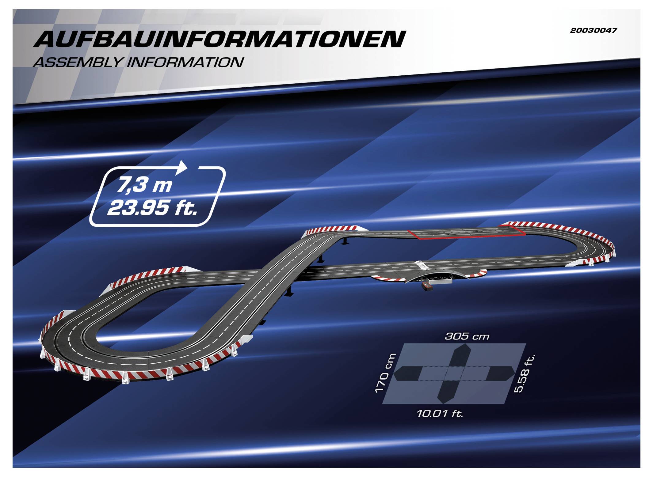 'Montageinformationen' mit einer Rennstrecken-Anordnung und roten und weißen Barrieren. Länge: 7,3 m (23,95 ft). Grundfläche: 305 cm x 170 cm (10,01 ft x 5,58 ft).