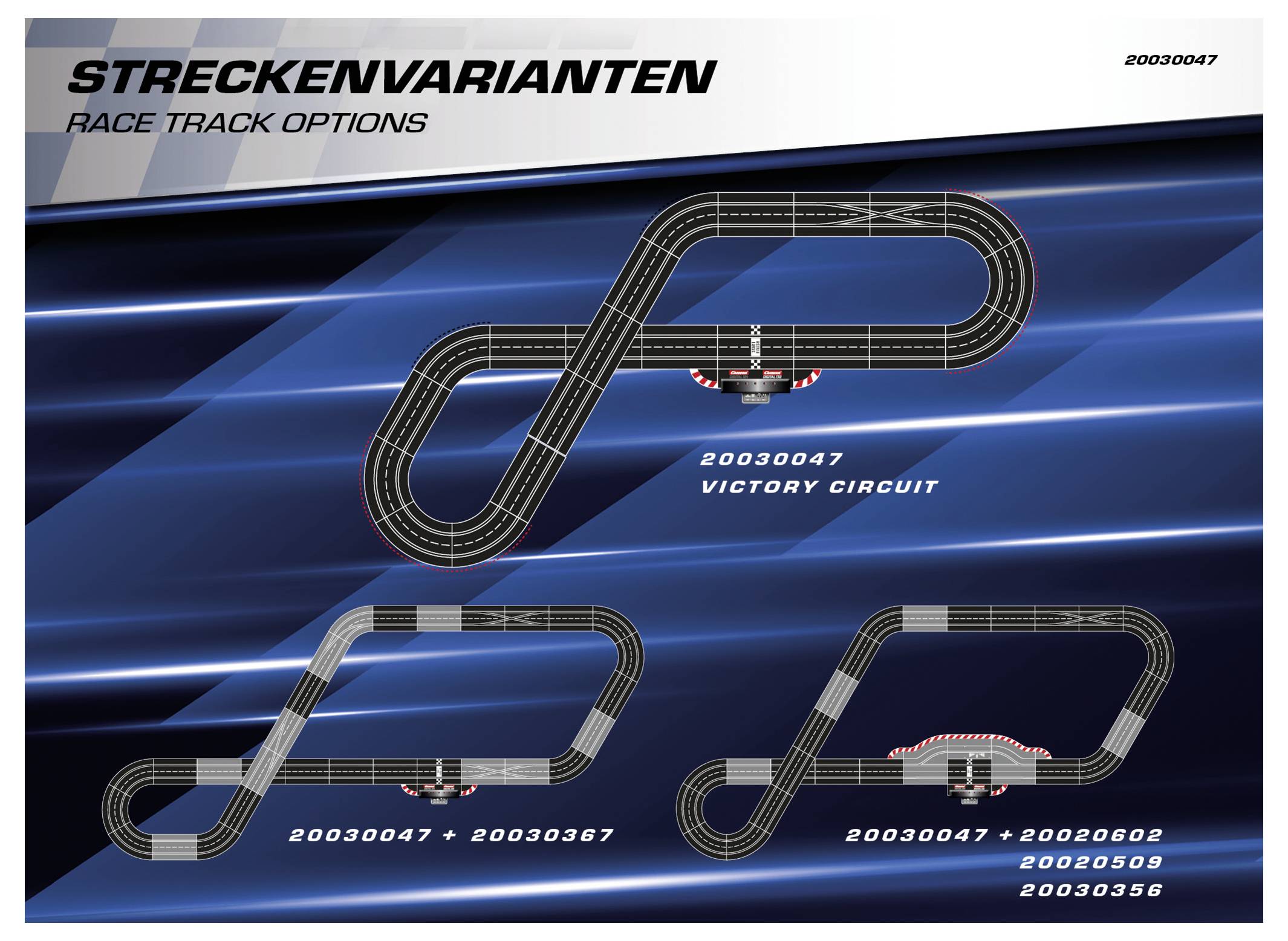 Rennstrecken-Optionen: 20030047 Victory Circuit; 20030047 + 20030367; 20030047 + 20020082 + 20025099 + 20030356 mit Streckenlayouts auf blauem Hintergrund.