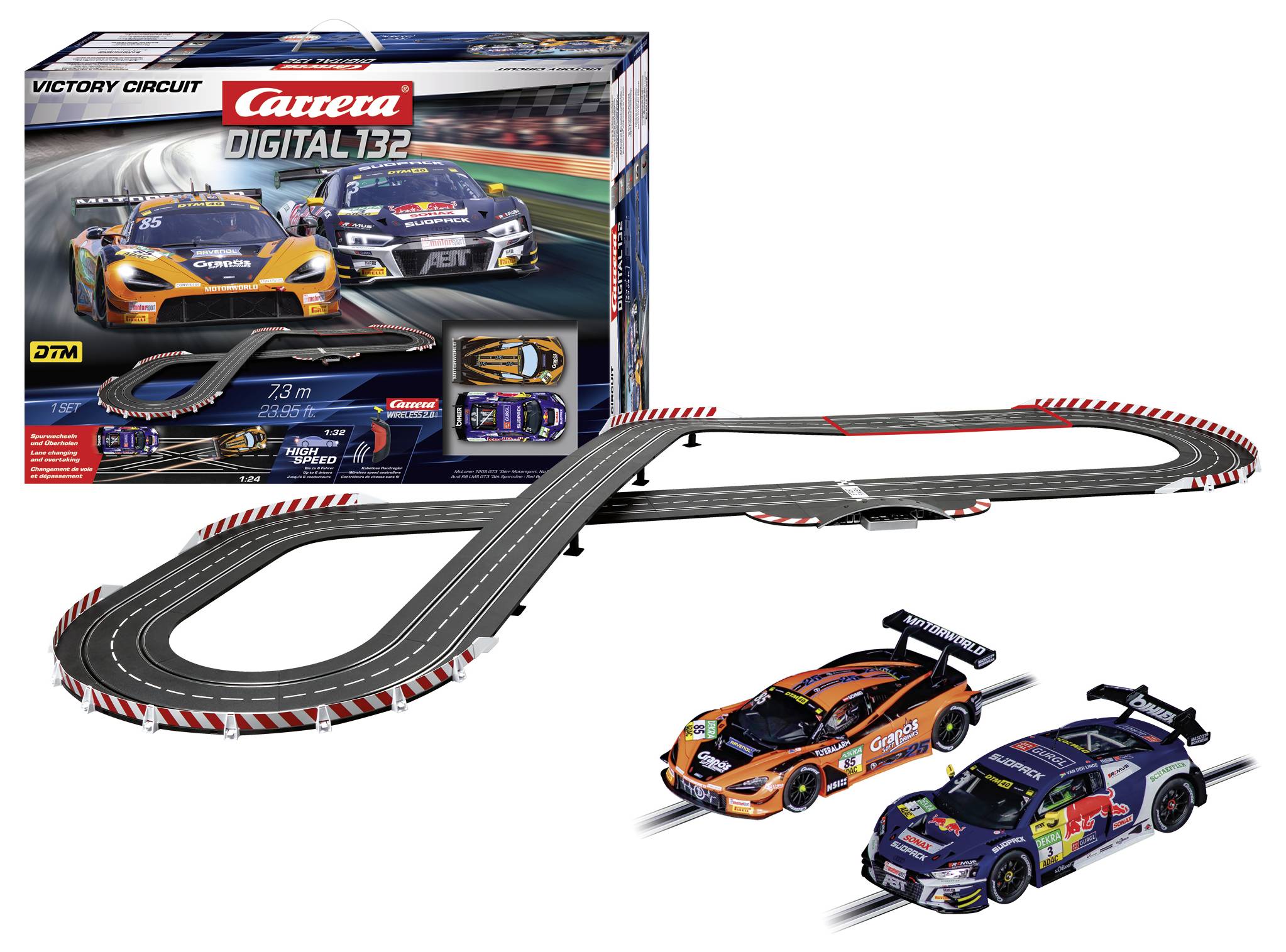 Modell-Rennstrecken-Set mit zwei Autos und einer Looping-Strecke. Inklusive Verpackung mit dem Aufdruck 'Carrera Digital 132 Victory Circuit.'