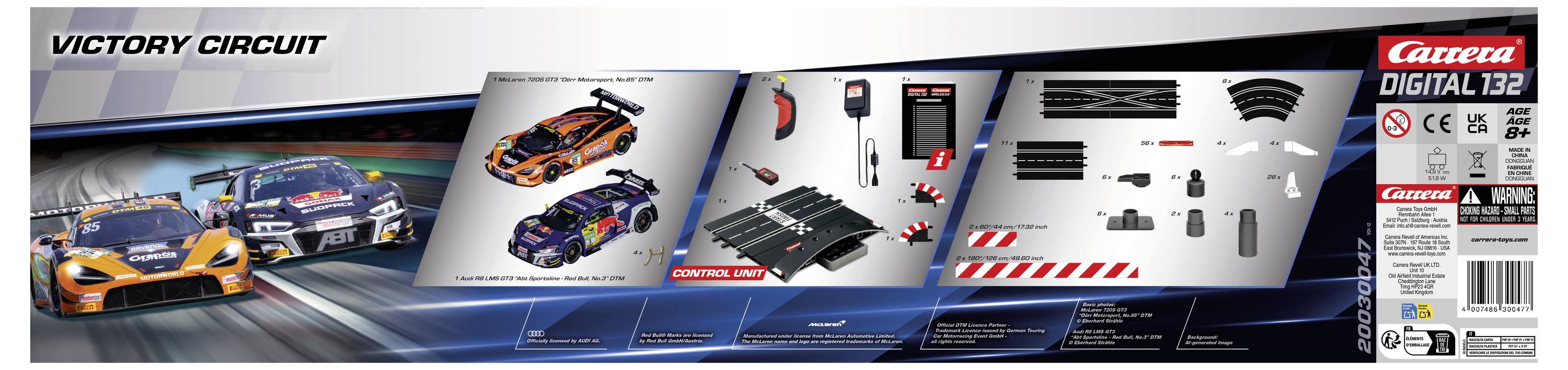 Verpackung des 'Victory Circuit' Carrera Digital 132 Autorennsets zeigt Bilder von Rennwagen, Streckenlayout und enthaltenen Zubehörteilen.
