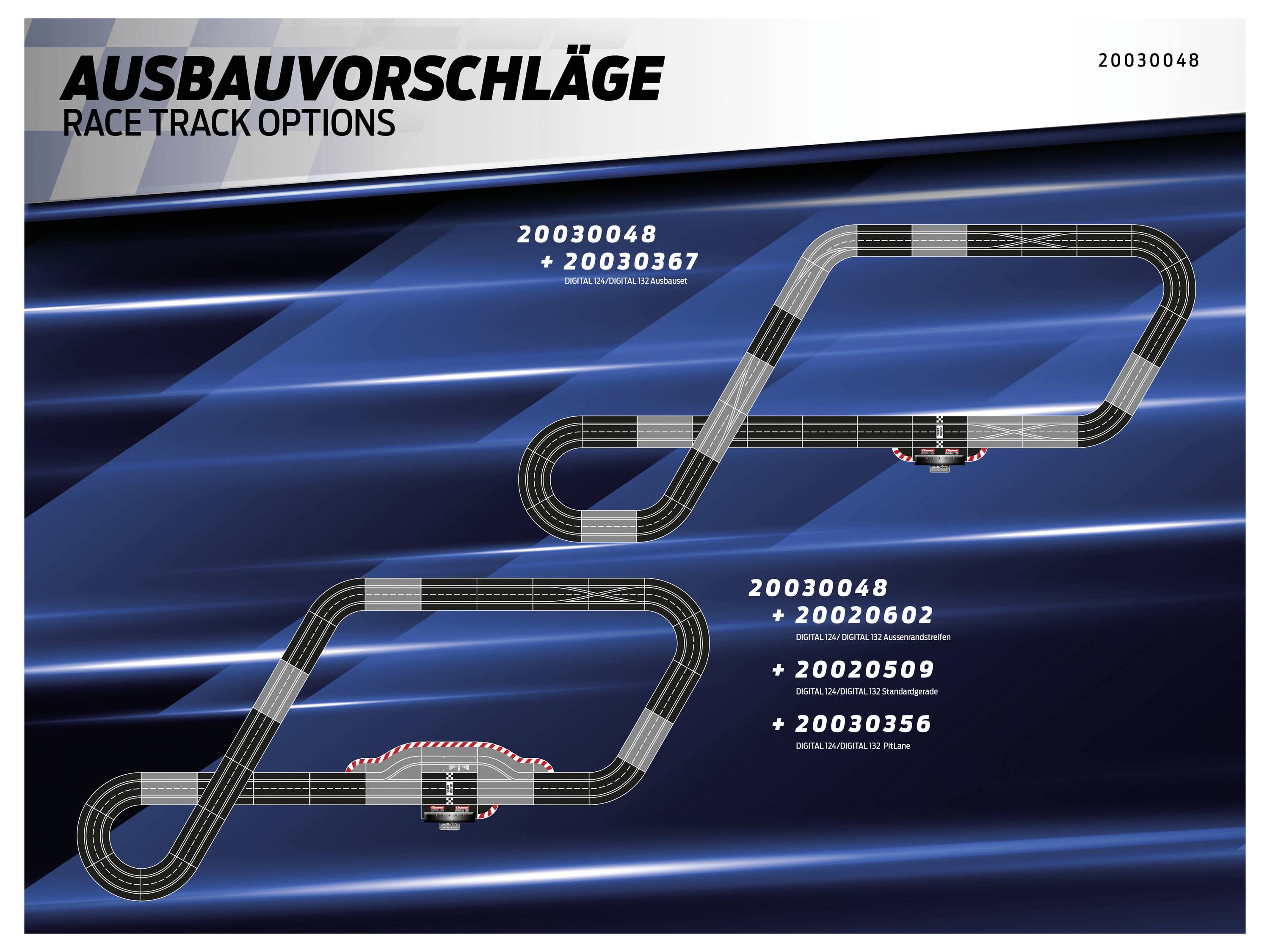 Diagramm "Rennstrecken-Optionen" mit zwei Streckendesigns, Teilenummern und gekrümmten Segmenten vor einem blauen abstrakten Hintergrund.