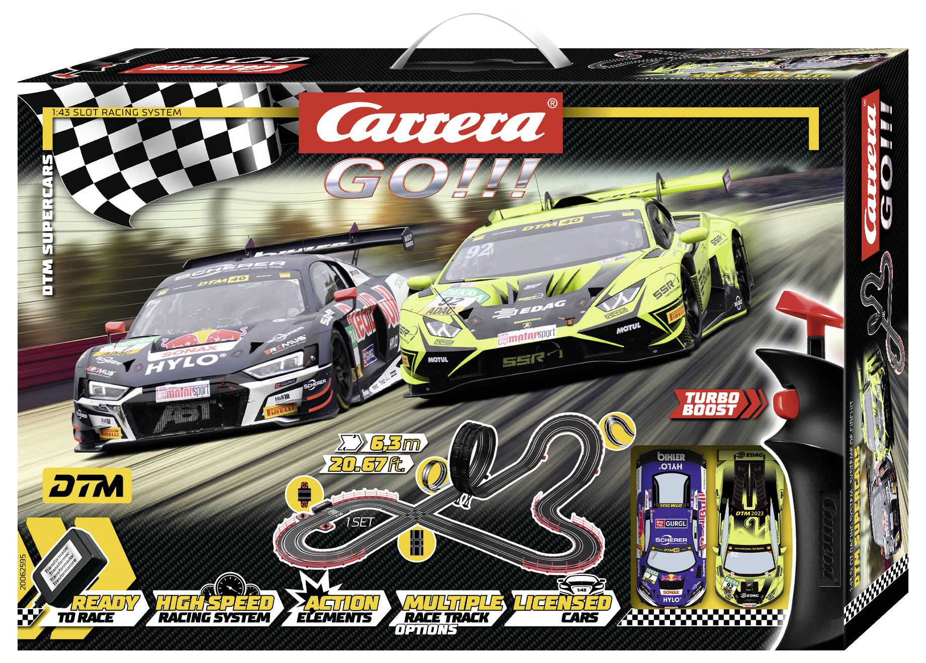 "Carrera GO!!!" Spielzeug-Set-Karton mit DTM-Supersportwagen auf einer Rennstrecke. Zeigt Streckenlayout, zwei hochschnelle Rennwagen und Aktionselemente.