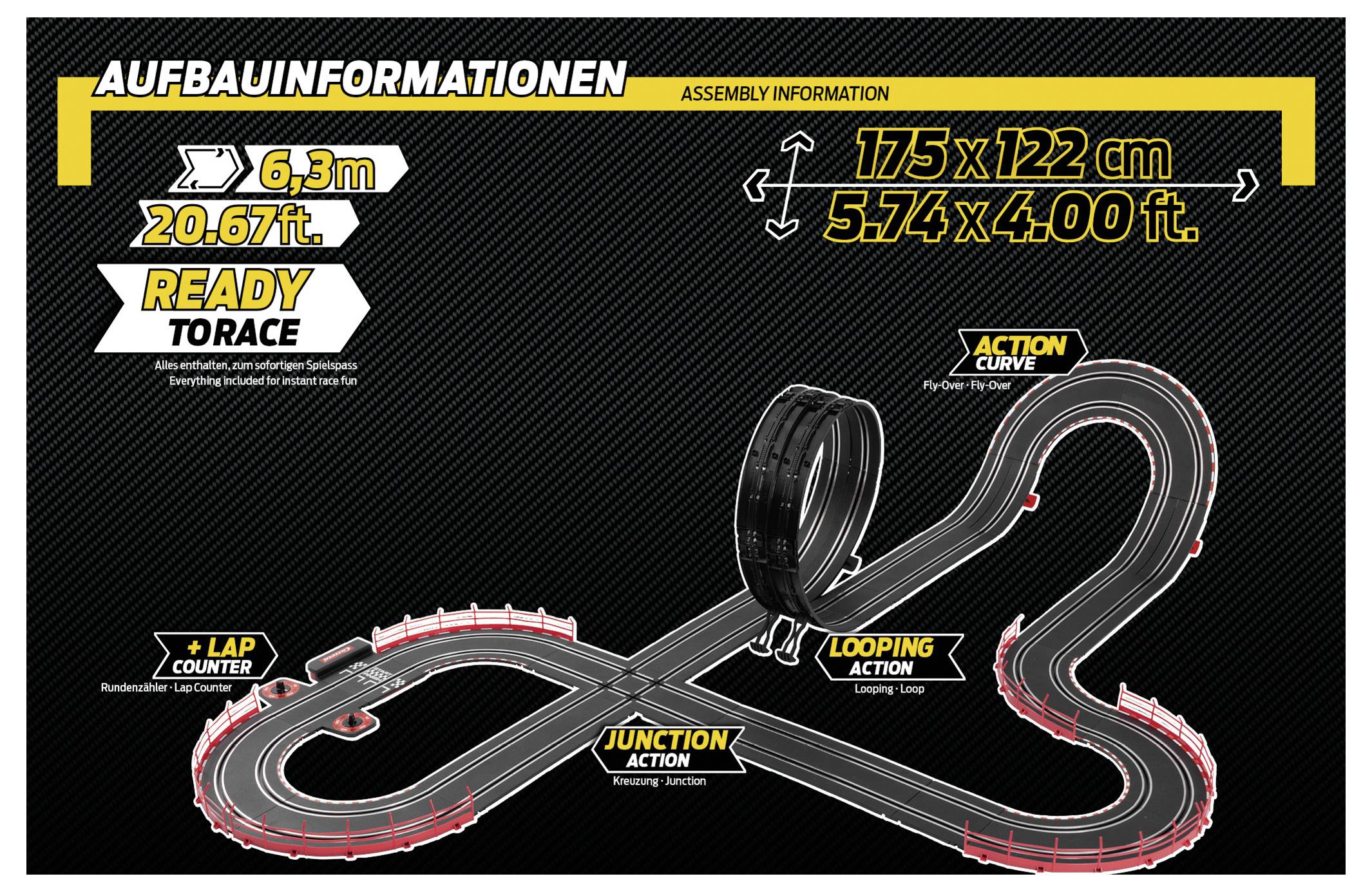 'Montageinformationen: Die Bahnabmessungen betragen 6,3 m x 1,75 m x 122 cm (20,67 ft x 5,74 ft x 4,00 ft). Zu den Merkmalen gehören Schleifenaktion und Rundenanzeigesystem.'