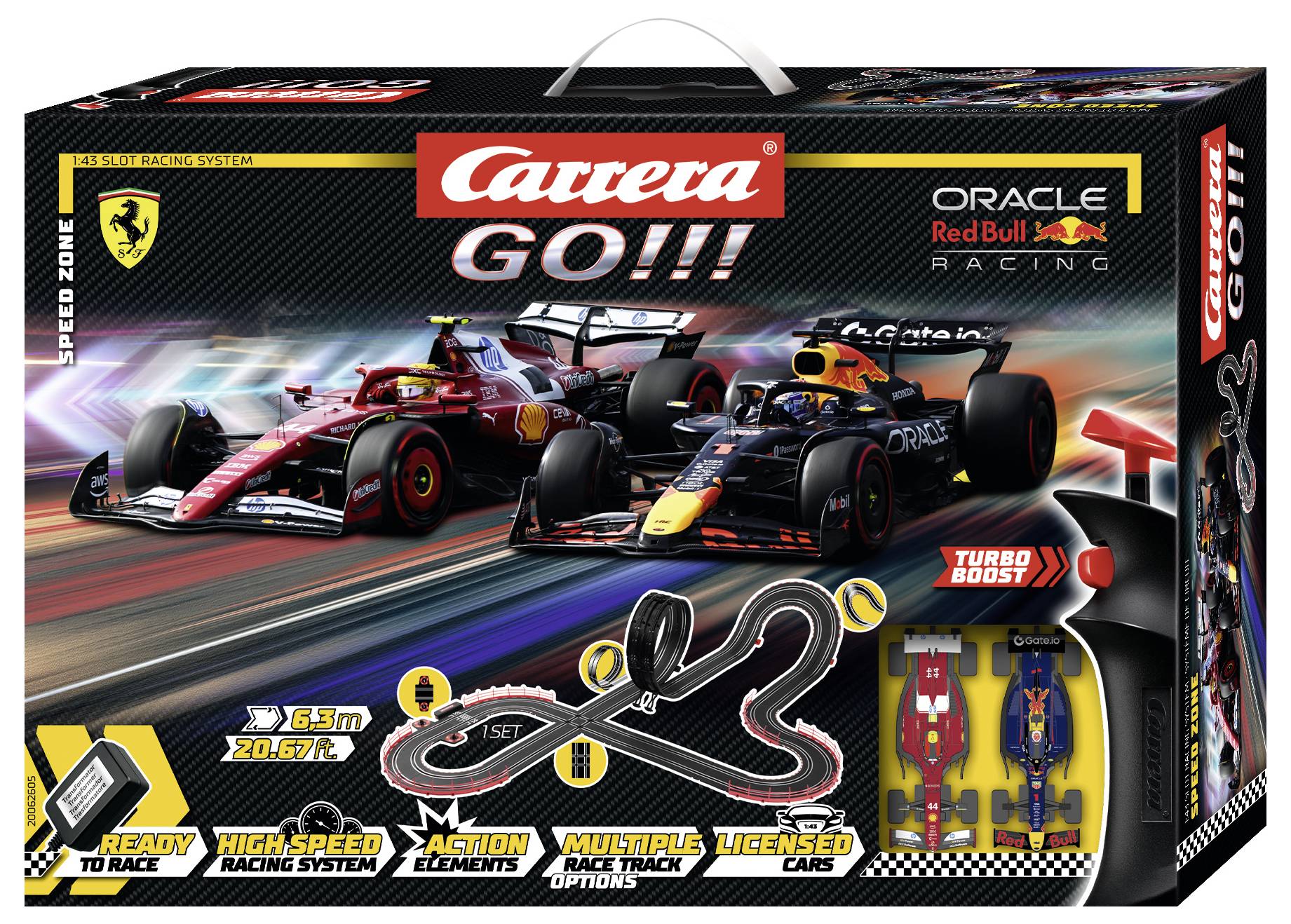 Ein Carrera GO!!! Slotcar-Rennset mit Ferrari- und Red Bull-markierten Autos auf einer 6,3m Strecke mit verschiedenen Rennoptionen und Turbo-Boost.