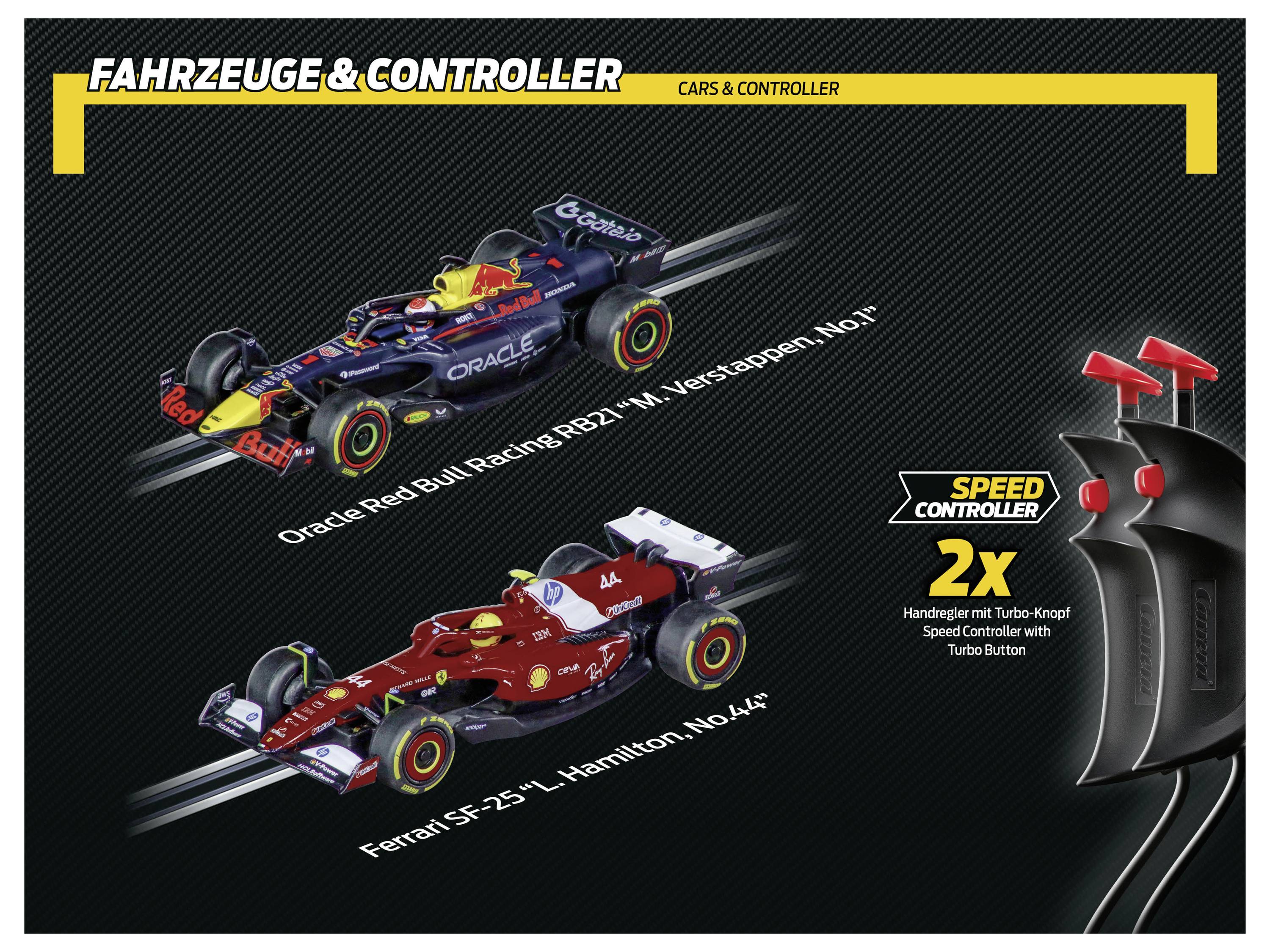 Fahrzeuge & Controller Katalogseite mit den Modellen des Oracle Red Bull Racing RB21 und des Ferrari SF-23, die neben einem schwarzen Controller platziert sind.