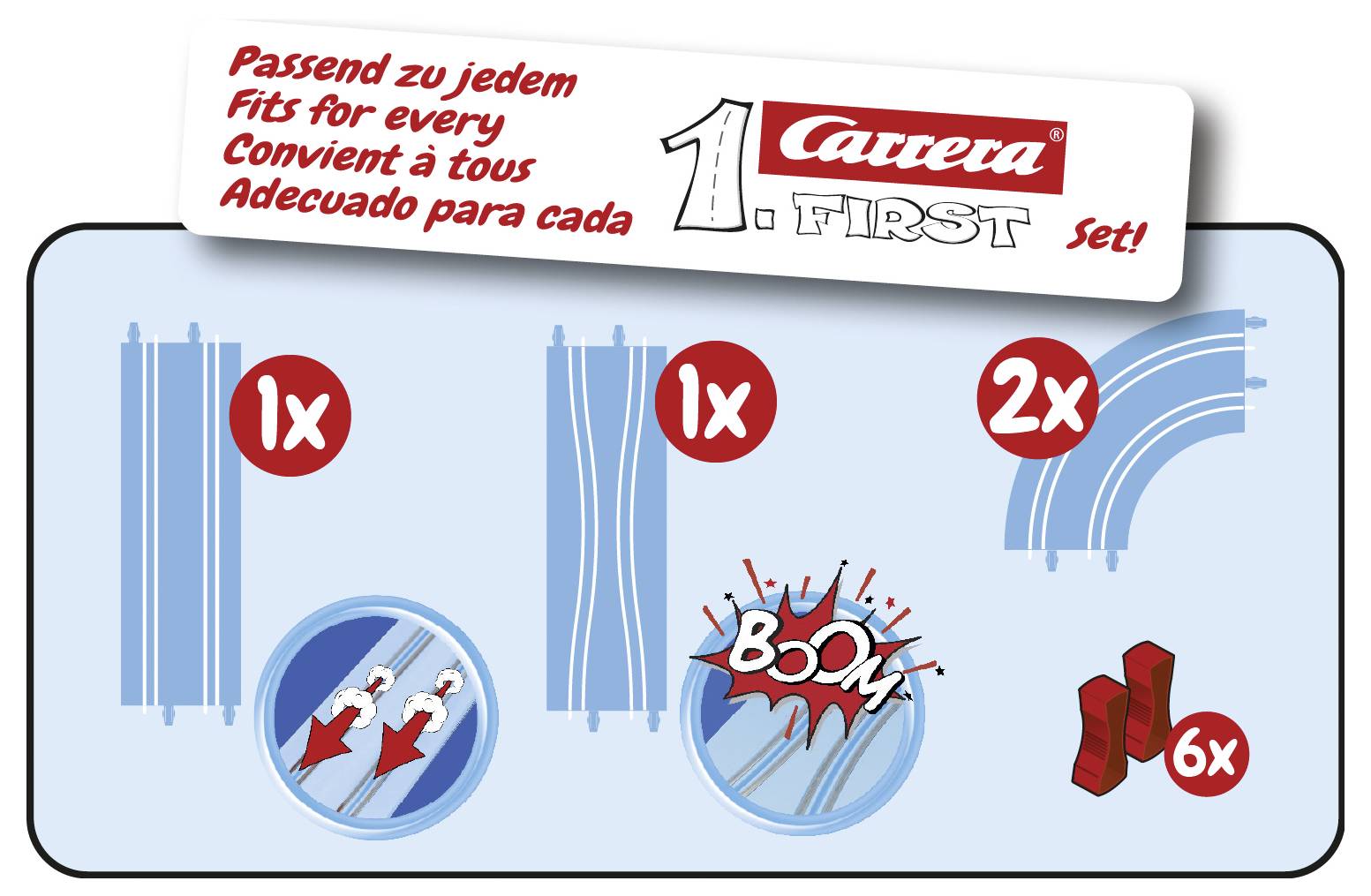 Carrera First Set mit zwei geraden Strecken, zwei Kurven, einer ‚Boom'-Strecke und sechs Streckenverbindern.