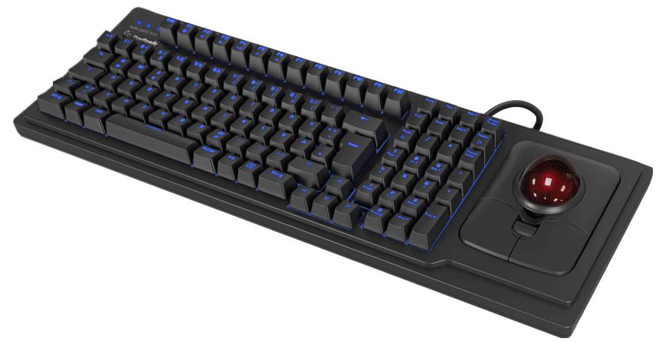 Eine schwarze mechanische Tastatur mit blauer Hintergrundbeleuchtung und einem integrierten roten Trackball auf der rechten Seite für verbesserte Navigation.