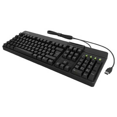 Eine schwarze kabelgebundene USB-Tastatur mit Ziffernblock und Kontrollleuchten, in einem Winkel aufgenommen, die das lange Verbindungskabel und das standardmäßige Tastaturlayout zeigt.