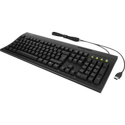 Eine schwarze kabelgebundene Tastatur mit einem USB-Anschluss; drei grüne Anzeigelichter sind beleuchtet und deuten auf einen aktiven Status für bestimmte Funktionen hin.