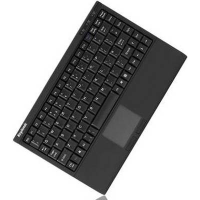 Eine schwarze kompakte Tastatur mit integriertem Touchpad, in einem Winkel geneigt, mit standardmäßigem QWERTY-Layout und Navigationstasten.