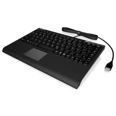 Eine kompakte schwarze Tastatur mit integriertem Touchpad und USB-Kabel, geeignet für Computer und Mediencenter, mit Fokus auf Platz sparendes Design.