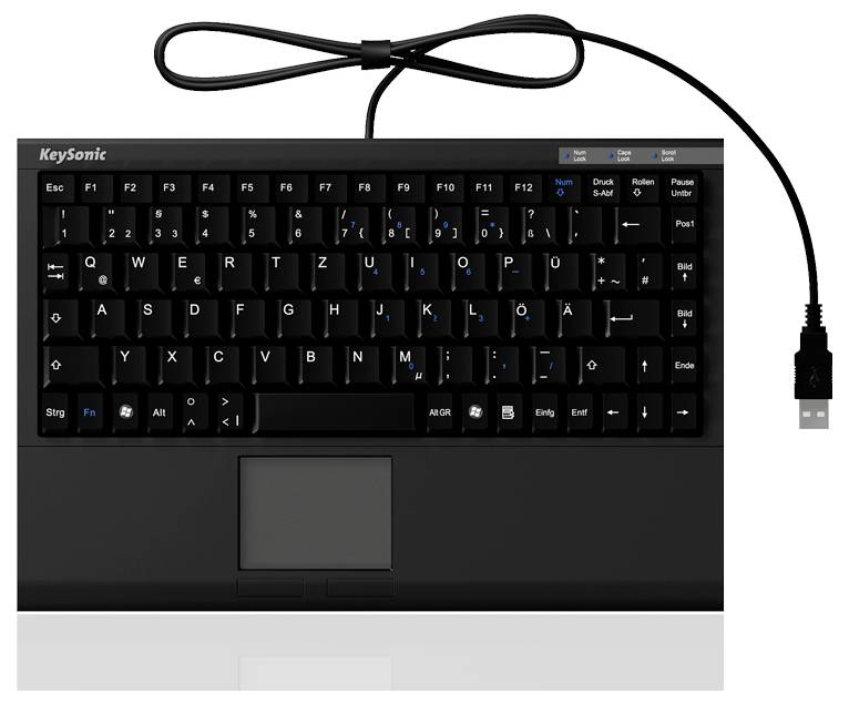 'KeySonic' Kompakt-Tastatur in Schwarz mit integriertem Touchpad und USB-Anschluss. Mit blauen Funktionssymbolen auf den Tasten.