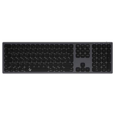 Eine schwarze kabellose Tastatur mit Ziffernblock und Funktionstasten, entwickelt für effizientes Tippen und produktive Aufgaben.