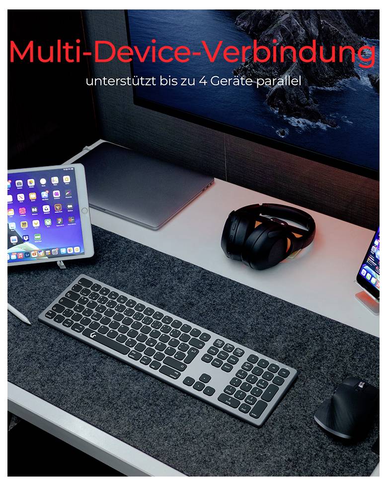 Tastatur, Tablet, Laptop und Smartphone auf einem Schreibtisch. Text oben: 'Multi-Device-Verbindung - unterstützt bis zu 4 Geräte parallel'.