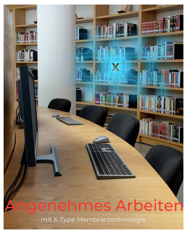 Bibliothek mit Computerplätzen; ein Werbeslogan unten: 'Angenehmes Arbeiten mit X-Type Membrantechnologie'. 