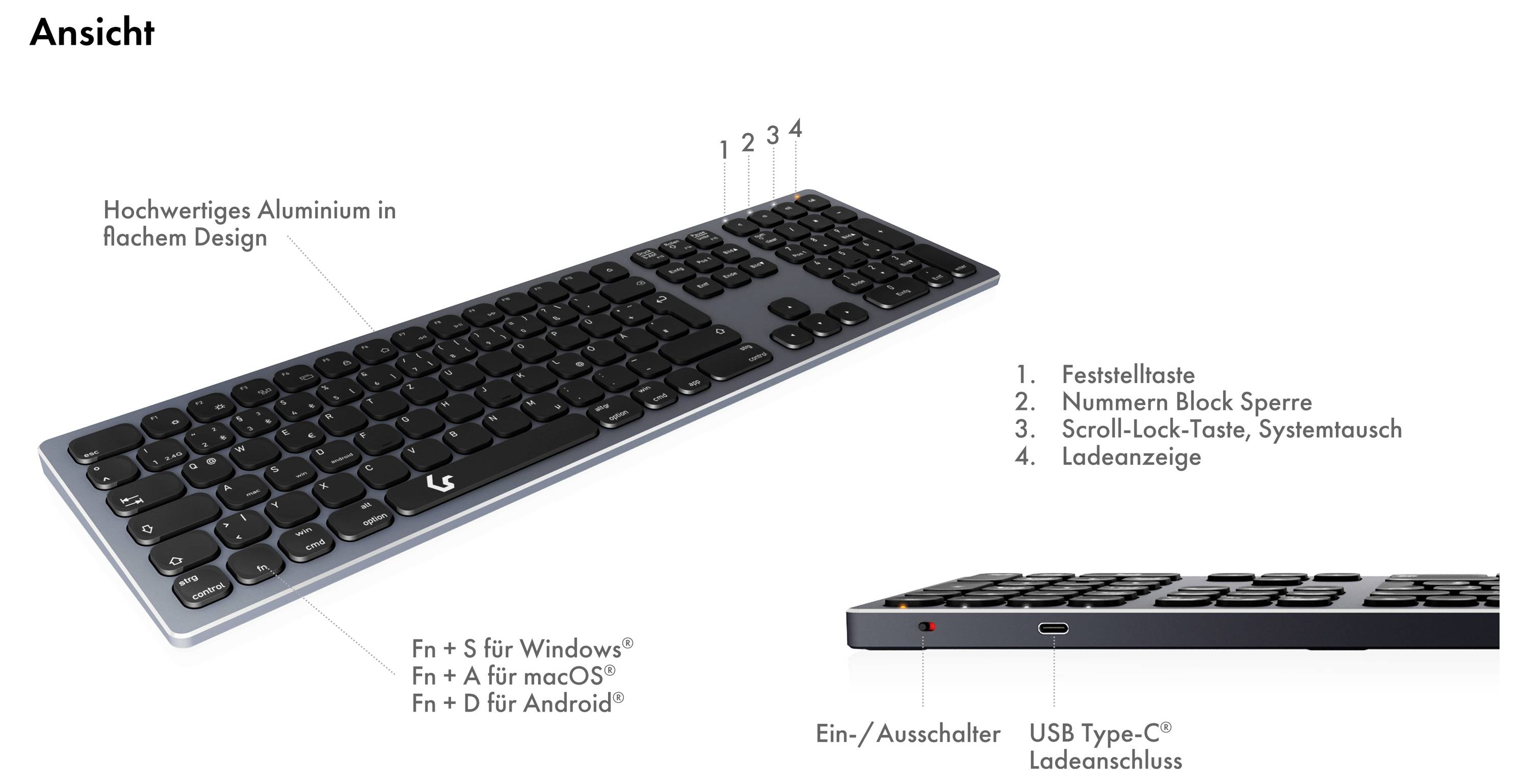 Eine kabellose Tastatur in Raketen-Design aus Aluminium, mit Ziffernblock und speziellen Funktionstasten für Windows, macOS und Android.