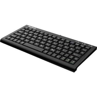 Eine schwarze kompakte Tastatur mit weißer Beschriftung, die einen vollständigen Satz an Tasten umfasst, einschließlich Funktionstasten und einer Zahlenreihe.