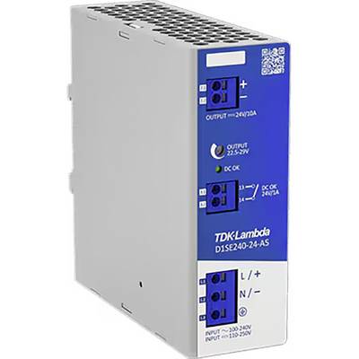 Ein TDK-Lambda D1SE240-24-AS Netzteil mit beschrifteten Eingangs- und Ausgangsklemmen. Das Gerät ermöglicht einen Eingangsspannungsbereich von 100-240V und eine Ausgangsspannung von 24V.