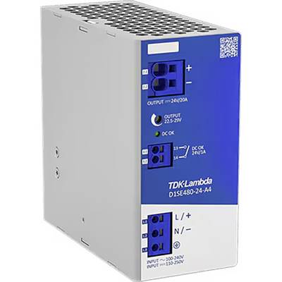 TDK-Lambda Industrie-Netzteil mit blauer Anzeige und mehreren Eingangs-/Ausgangsbuchsen, gekennzeichnet mit Spannungs- und Stromspezifikationen.