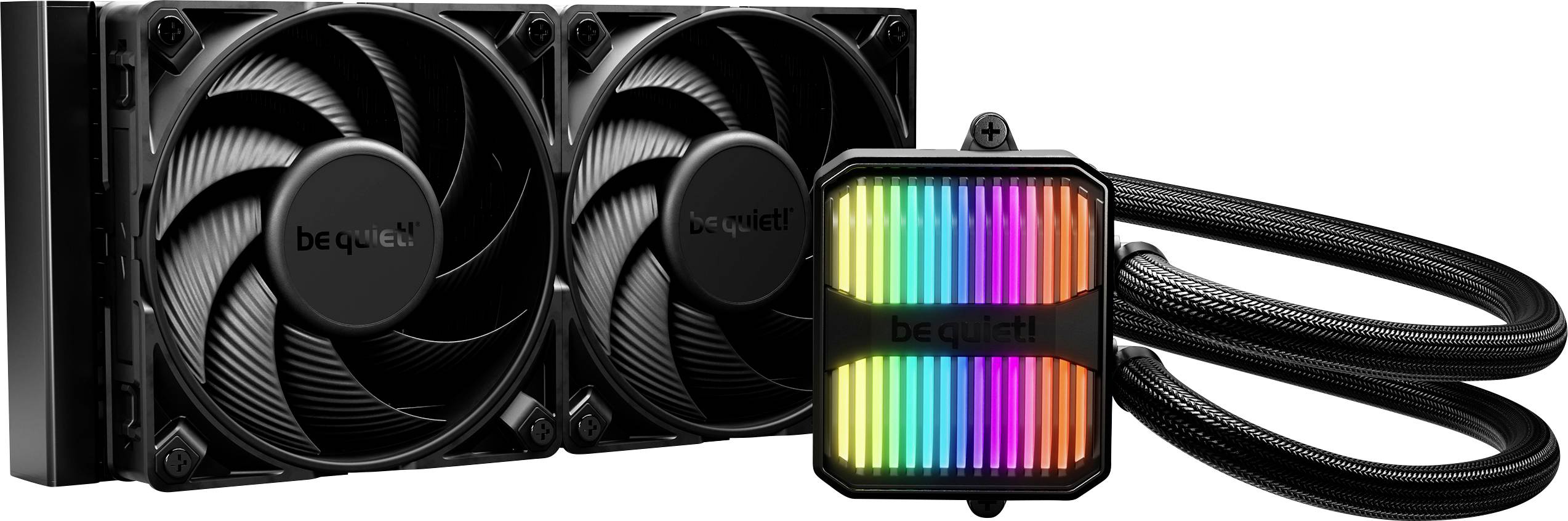 "Sei still! Silent Loop 2" Flüssigkeitskühlung mit zwei Lüftern, einer regenbogenbeleuchteten Pumpe und schwarzer geflochtener Schlauchleitung, entwickelt für eine optimale PC-Kühlung.