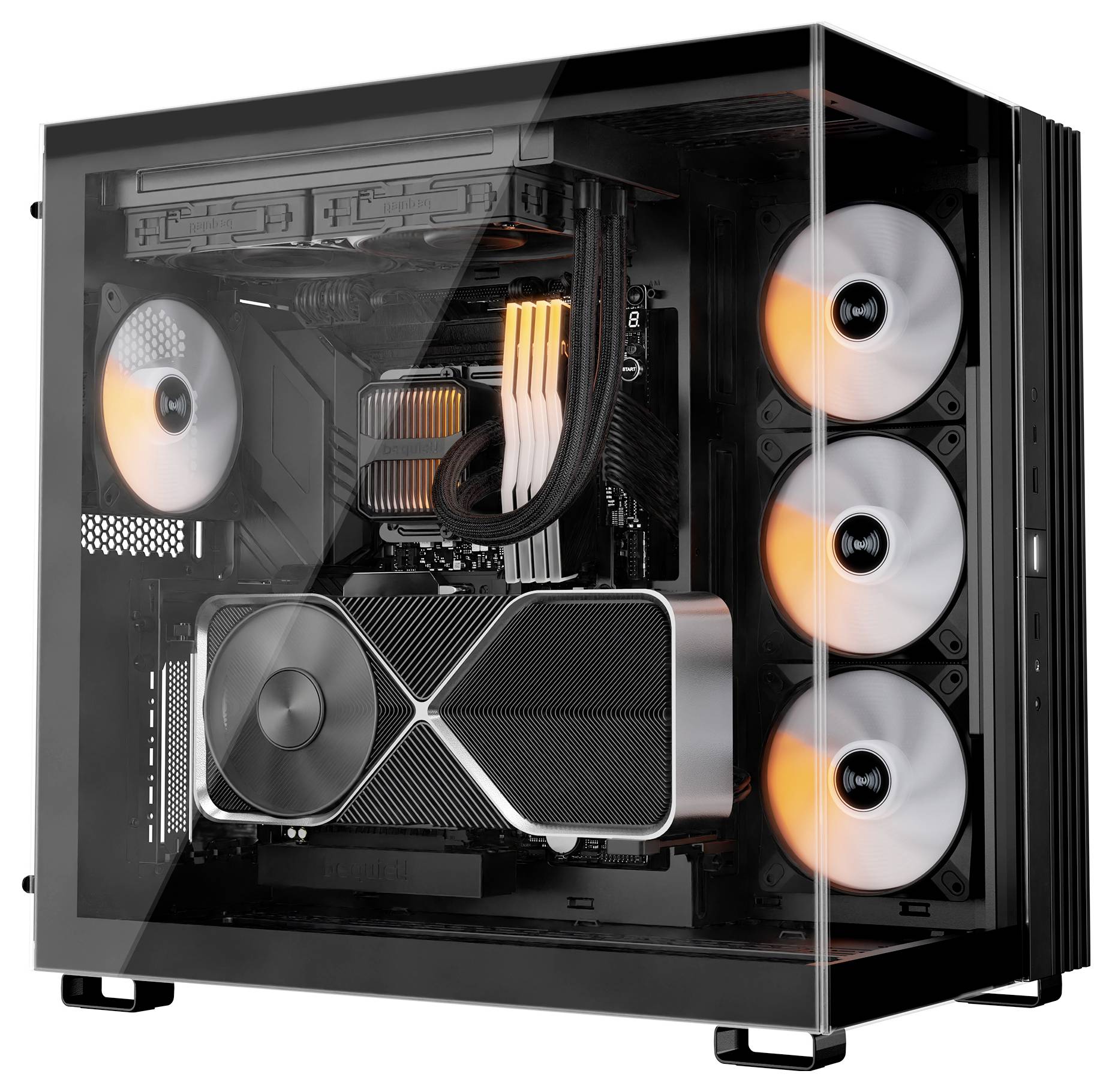 Ein schwarzer Gaming-PC mit transparentem Seitenfenster präsentiert die Innenkomponenten, darunter eine große Grafikkarte, RGB-Lüfter und geflochtene Kabel.