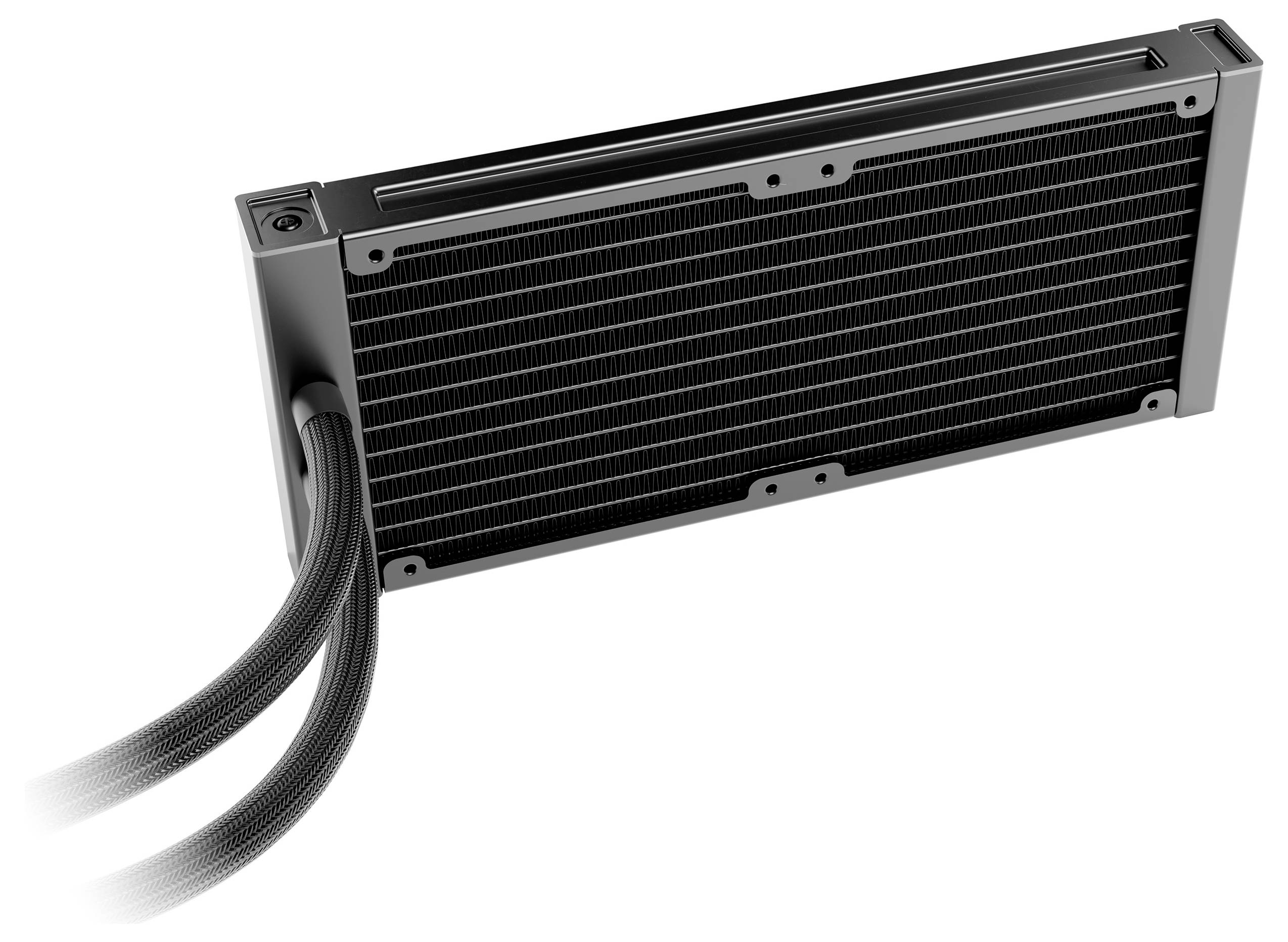 Ein schlanker, rechteckiger Computerkühler mit schwarzen Kühlrippen und zwei angeschlossenen Schläuchen, der zur Wärmeableitung in Flüssigkühlungssystemen verwendet wird.