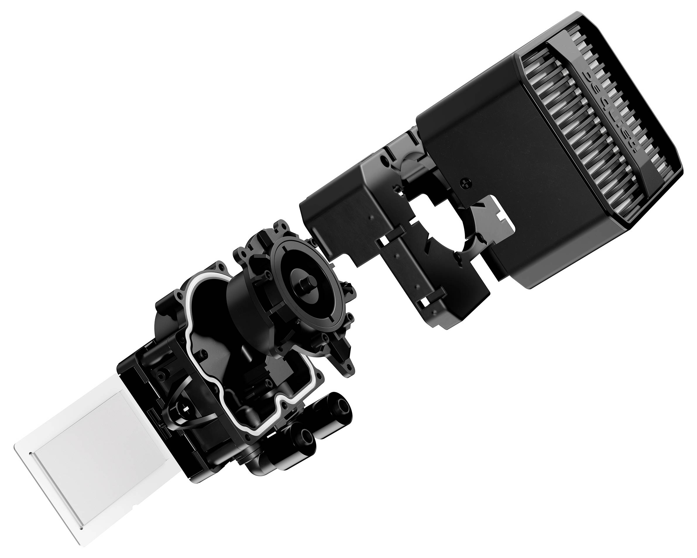 Explosionszeichnung eines schwarzen mechanischen Geräts, die Innenkomponenten mit detaillierten Zahnrädern und Verbindungen zeigt und das technische Design hervorhebt.