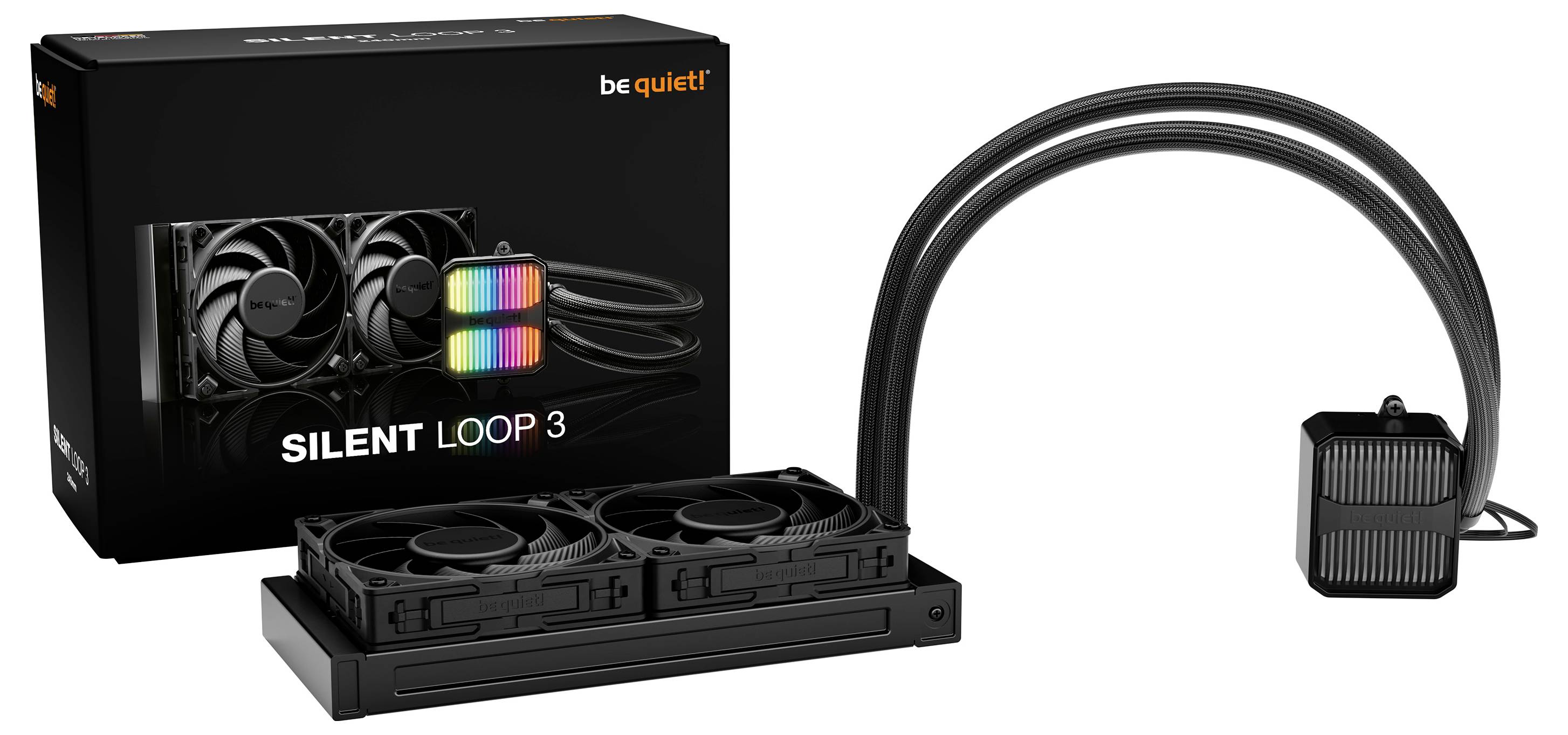Ein Flüssigkühlsystem mit zwei Lüftern und einer Pumpe. Auf der Verpackung steht 'be quiet! SILENT LOOP 3'.