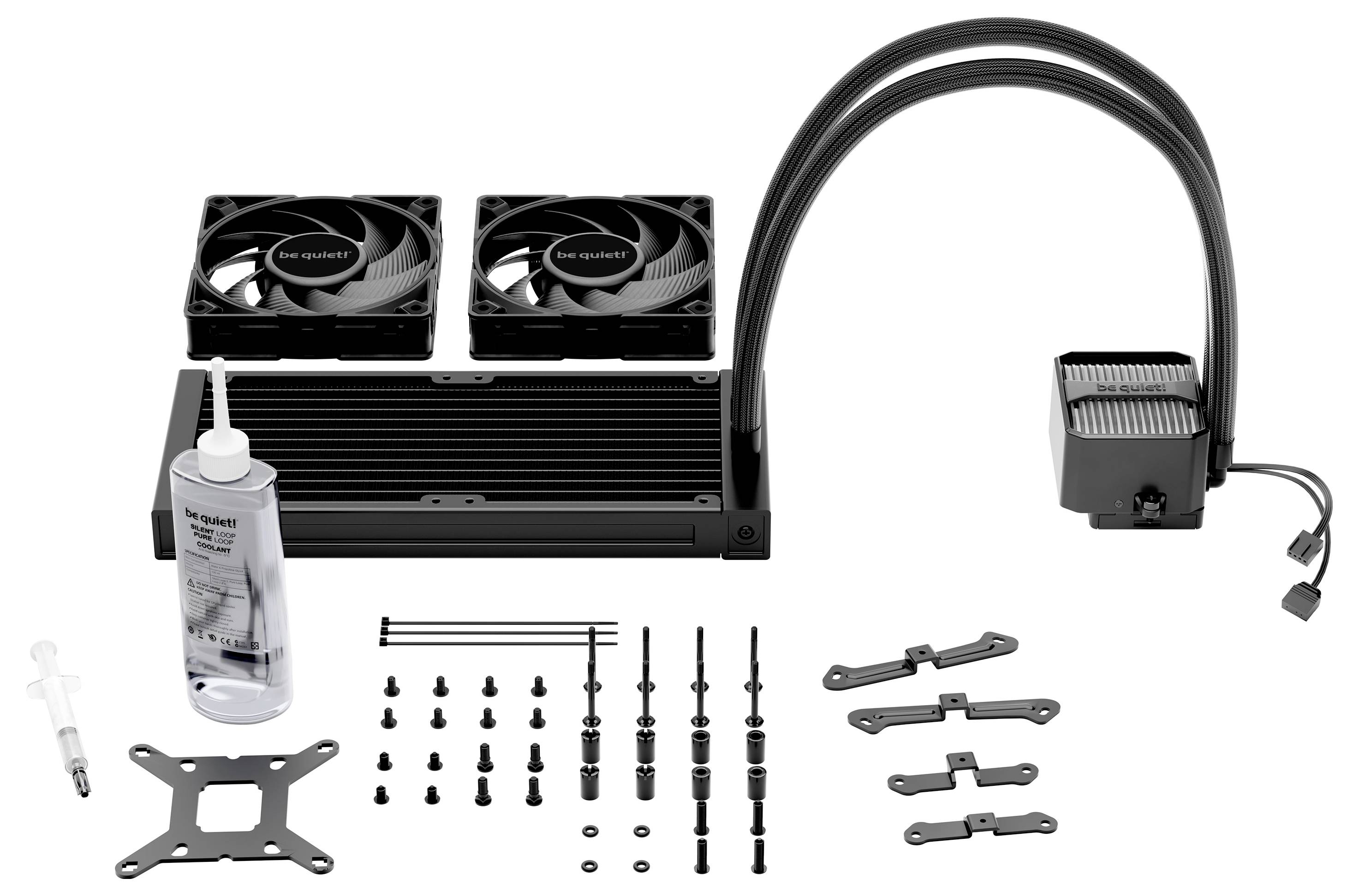 „Sei still!" Wasserkühlung-Systemkomponenten, einschließlich eines Dual-Lüfter-Radiators, Pumpe, verschiedener Halterungen, Schrauben, Wärmeleitpaste und Kühlflüssigkeit.