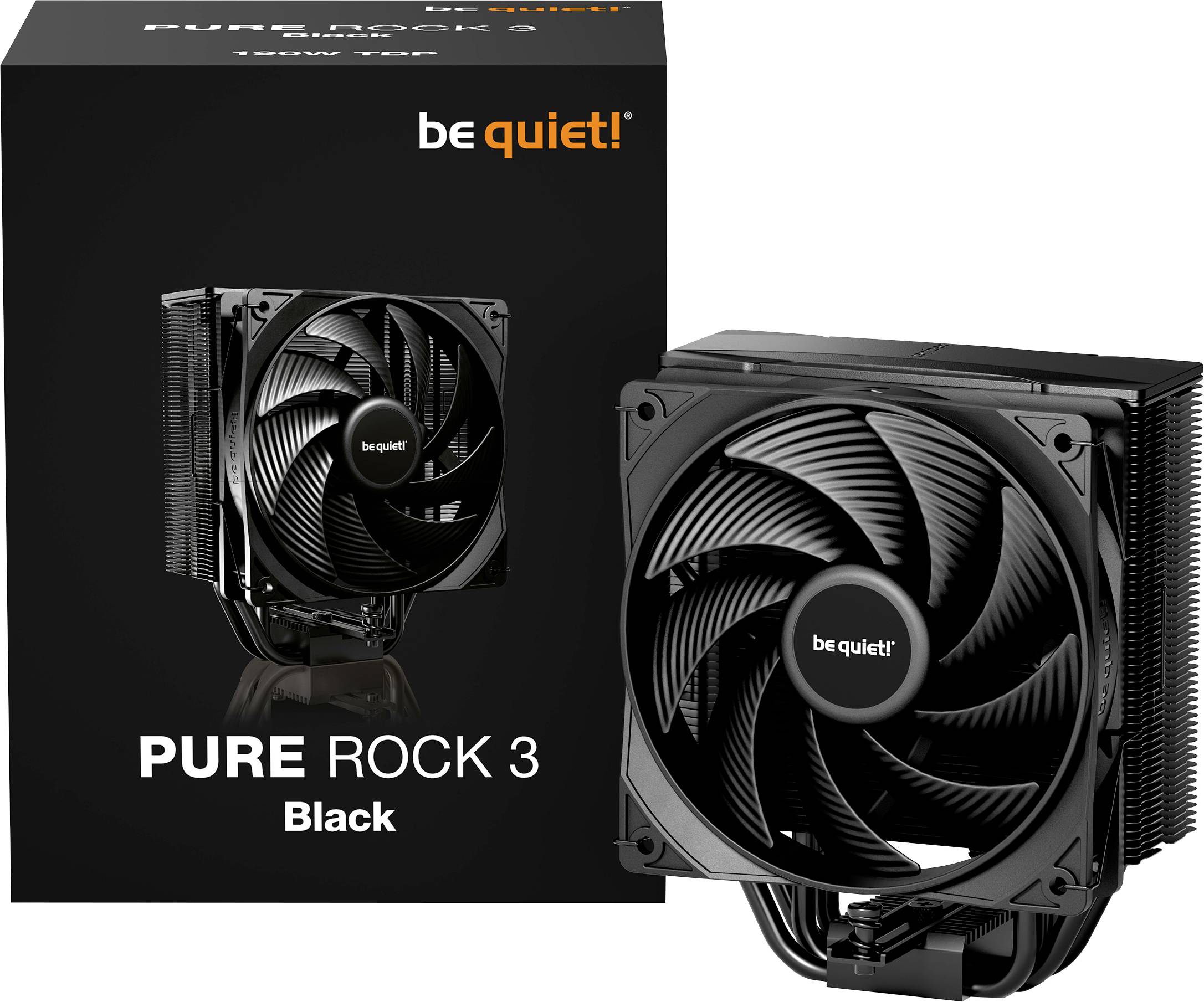 "Sei still! PURE ROCK 3 Black" CPU-Kühler-Box mit großem Lüfter und Kühlrippen, die das elegante Design und den leisen Betrieb des Produkts präsentieren.