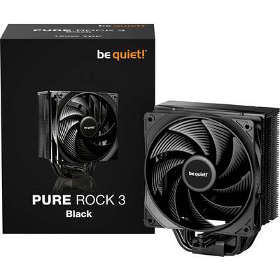 "Sei still! PURE ROCK 3 Black" CPU-Kühler-Box mit großem Lüfter und Kühlrippen, die das elegante Design und den leisen Betrieb des Produkts präsentieren.