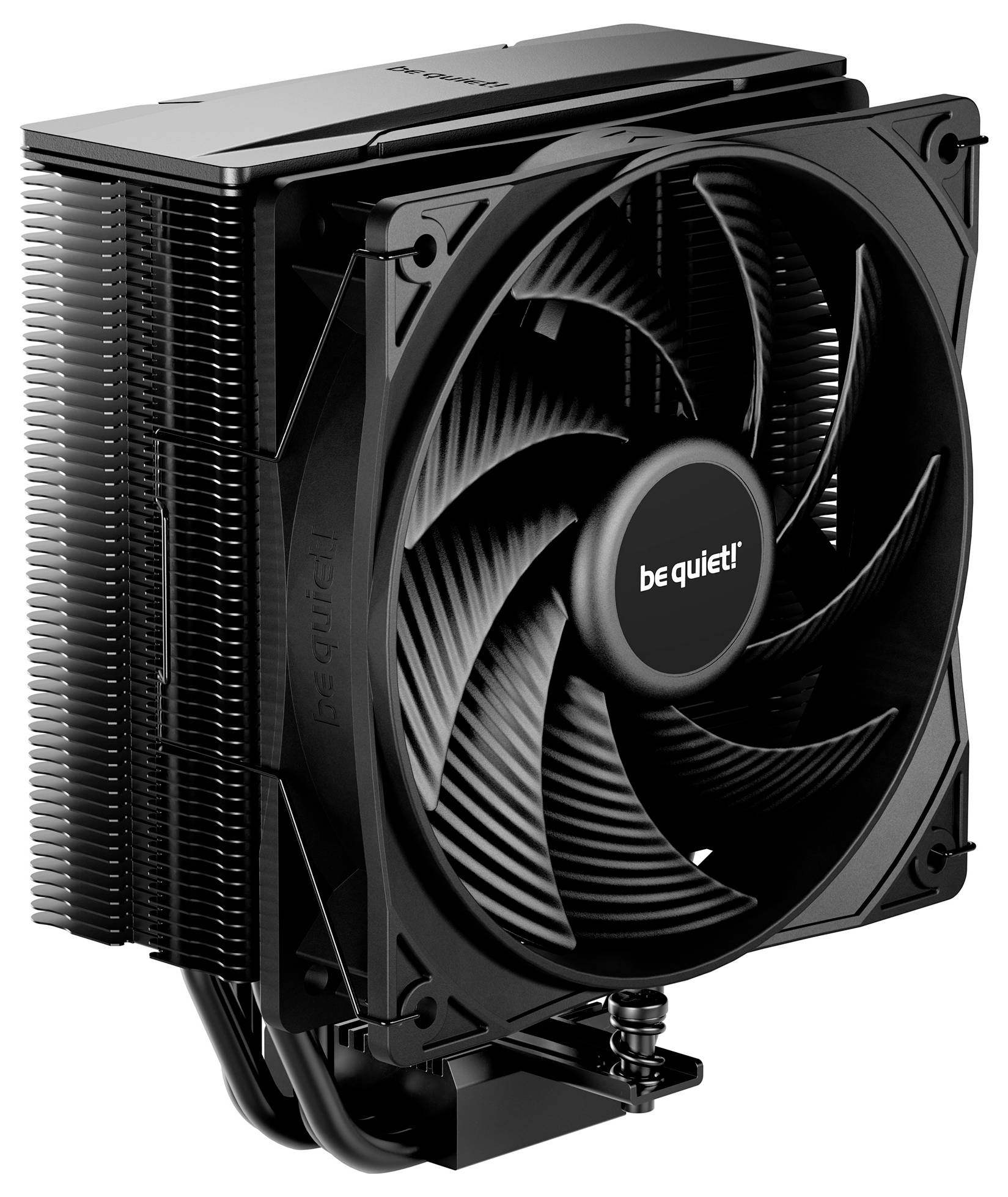 Schwarzer Computer-CPU-Kühler mit einem einzelnen Lüfter, mit der Aufschrift "be quiet!", entwickelt für eine effiziente Wärmeableitung in Desktop-Systemen.
