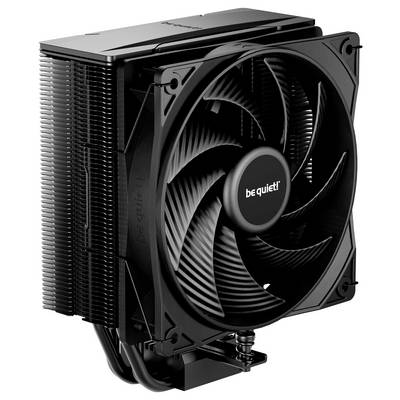 Schwarzer Computer-CPU-Kühler mit einem einzelnen Lüfter, mit der Aufschrift "be quiet!", entwickelt für eine effiziente Wärmeableitung in Desktop-Systemen.