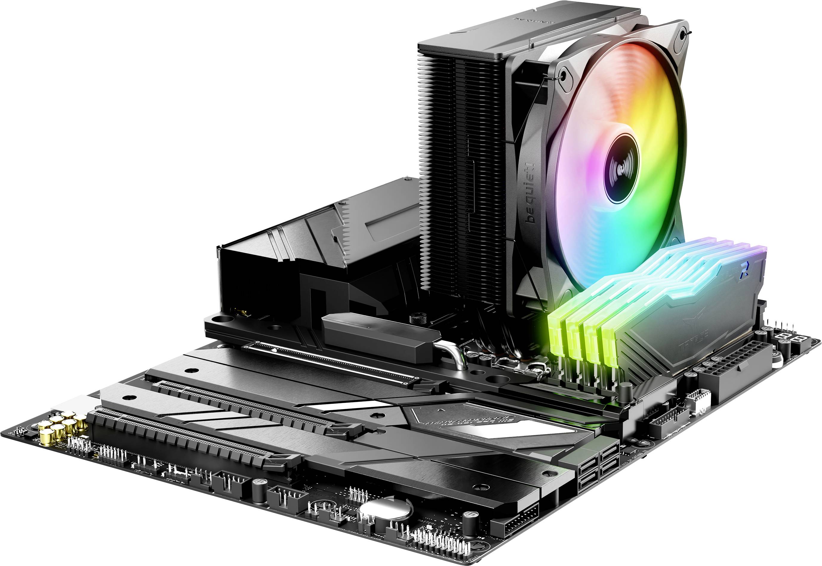 Eine Computermotherboard mit einem großen CPU-Kühler, der einen bunten RGB-Lüfter und mit grünem und blauem Licht beleuchtete RAM-Riegel aufweist.