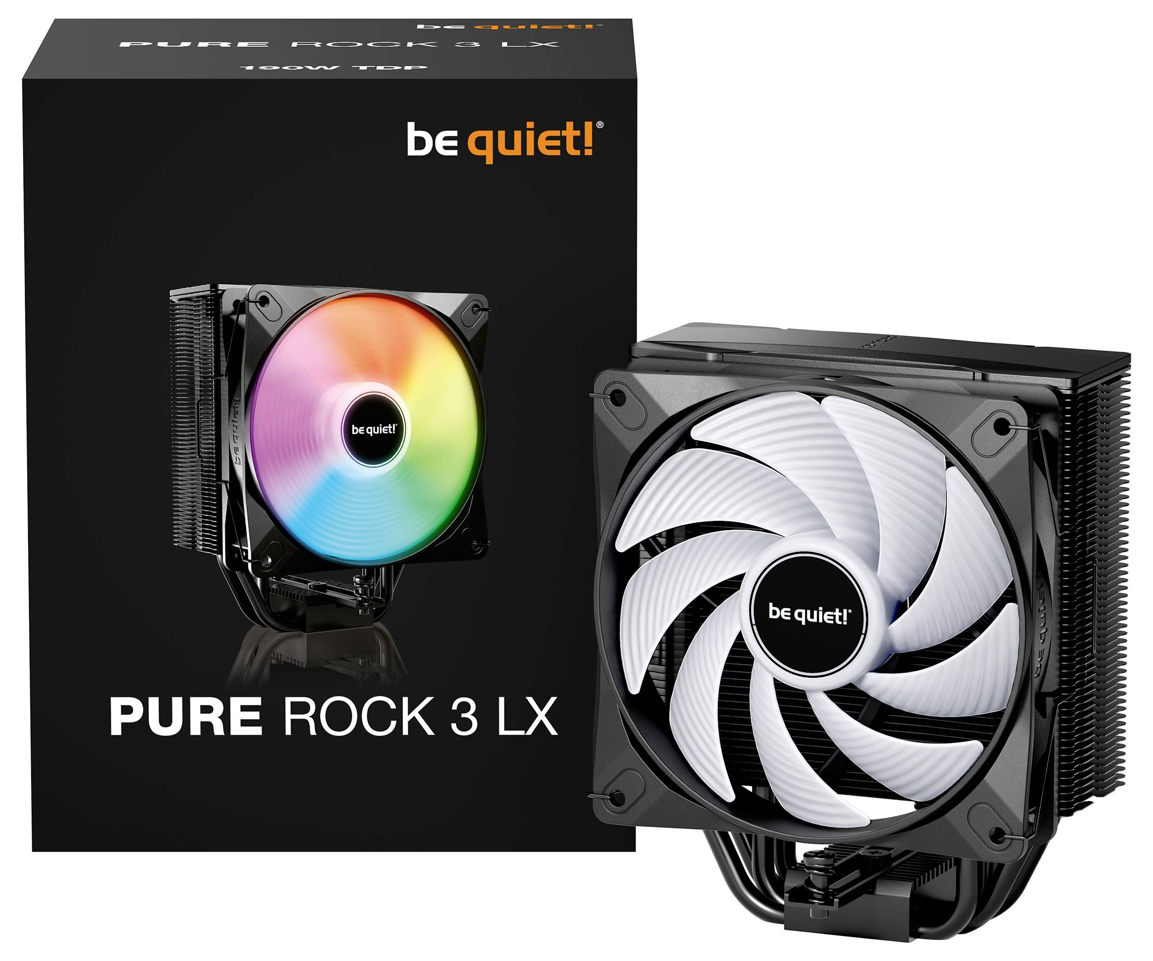 Ein schwarzer Computer-CPU-Kühler mit einem Regenbogen-LED-Lüfter, mit der Marke "be quiet!". Die Verpackung zeigt den Modellnamen "PURE ROCK 3 LX, 150W TDP".