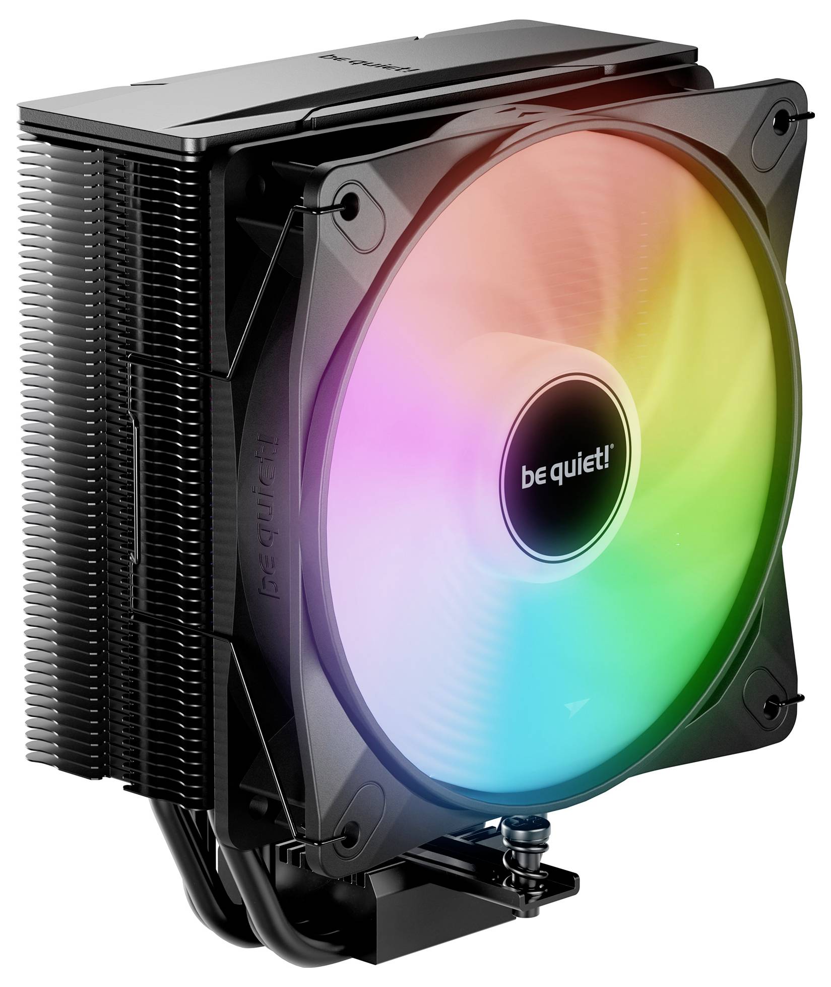 Ein schwarzer Computer-CPU-Kühler mit einem mehrfarbigen RGB-Lüfter, der lebendige Farben zeigt. Die Lüftermarke ist in der Mitte mit ‚be quiet!' beschriftet.