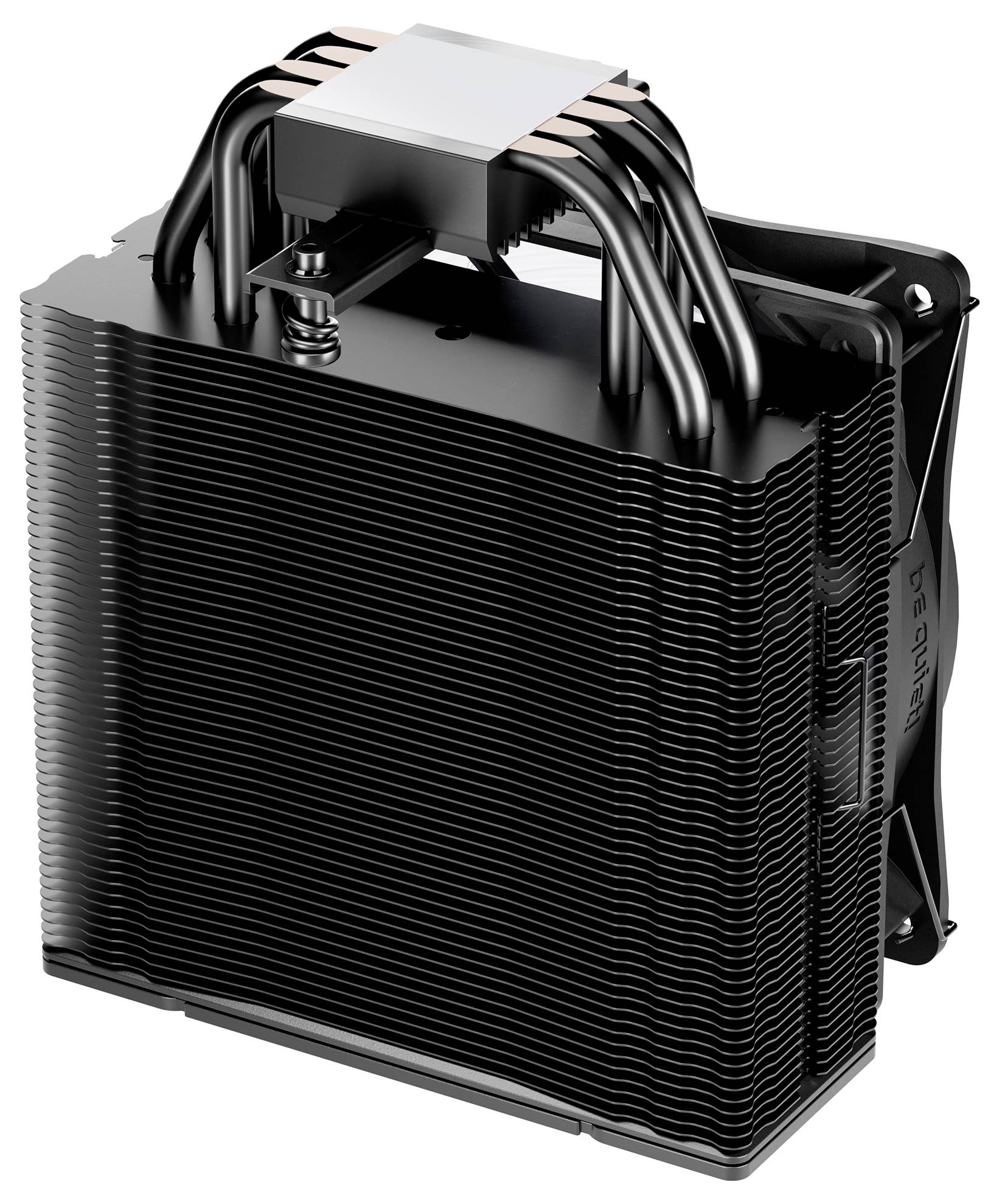 Ein großer CPU-Kühler mit mehreren schwarzen Kühlrippen, Heatpipes und einem Lüfter, der für eine effiziente Wärmeableitung von Computerprozessoren entwickelt wurde.