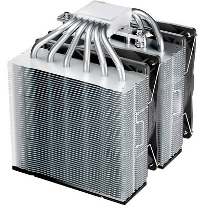 Ein Dual-Tower-CPU-Kühler mit mehreren Heatpipes und großen Lamellenstapeln, der für eine effiziente Wärmeableitung von Computerprozessoren konzipiert ist.