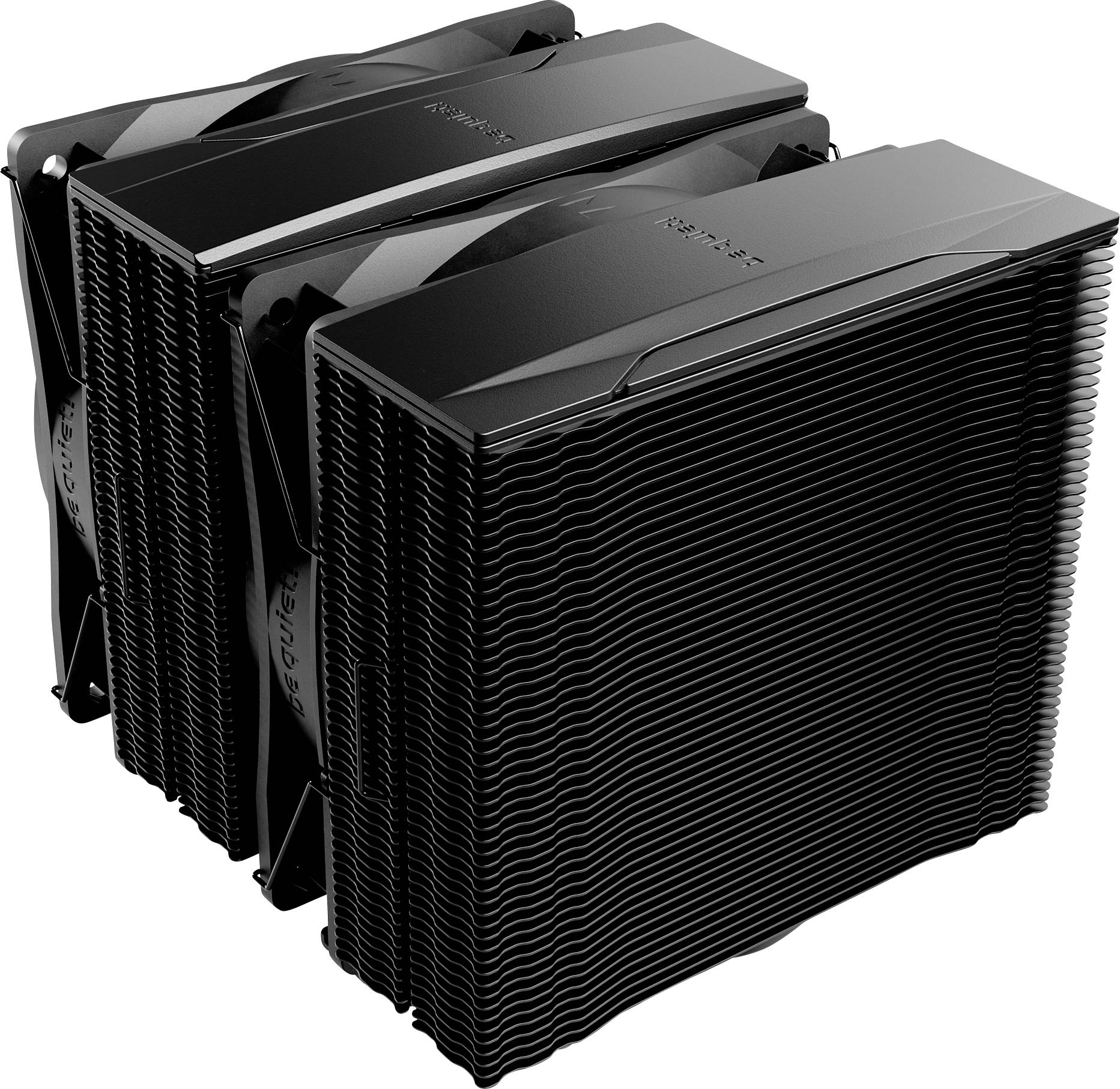 Zwei schwarze CPU-Kühler mit gestapeltem Lamellenlayout und mehreren Heatpipes, was auf ein leistungsstarkes Kühlsystem für Computer hinweist.
